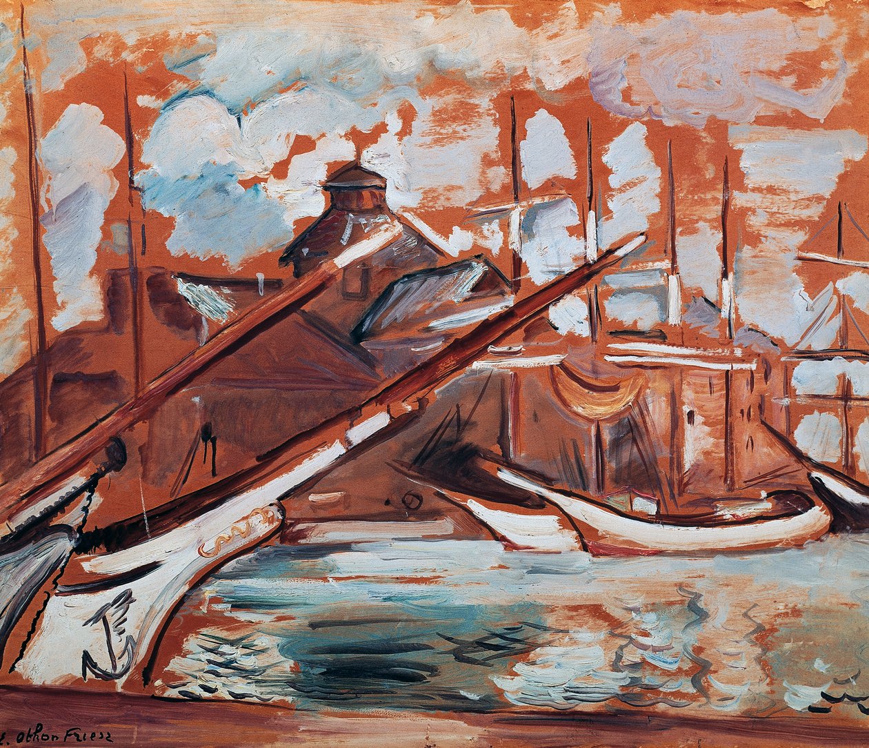 مشهد المرفأ ، بواسطة أوثون فريزز (1879-1949) ، زيت على ورق مقوى ، 54 × 65 سم. فرنسا ، القرن العشرين. بواسطة أشيل إميل أوثون فريزز