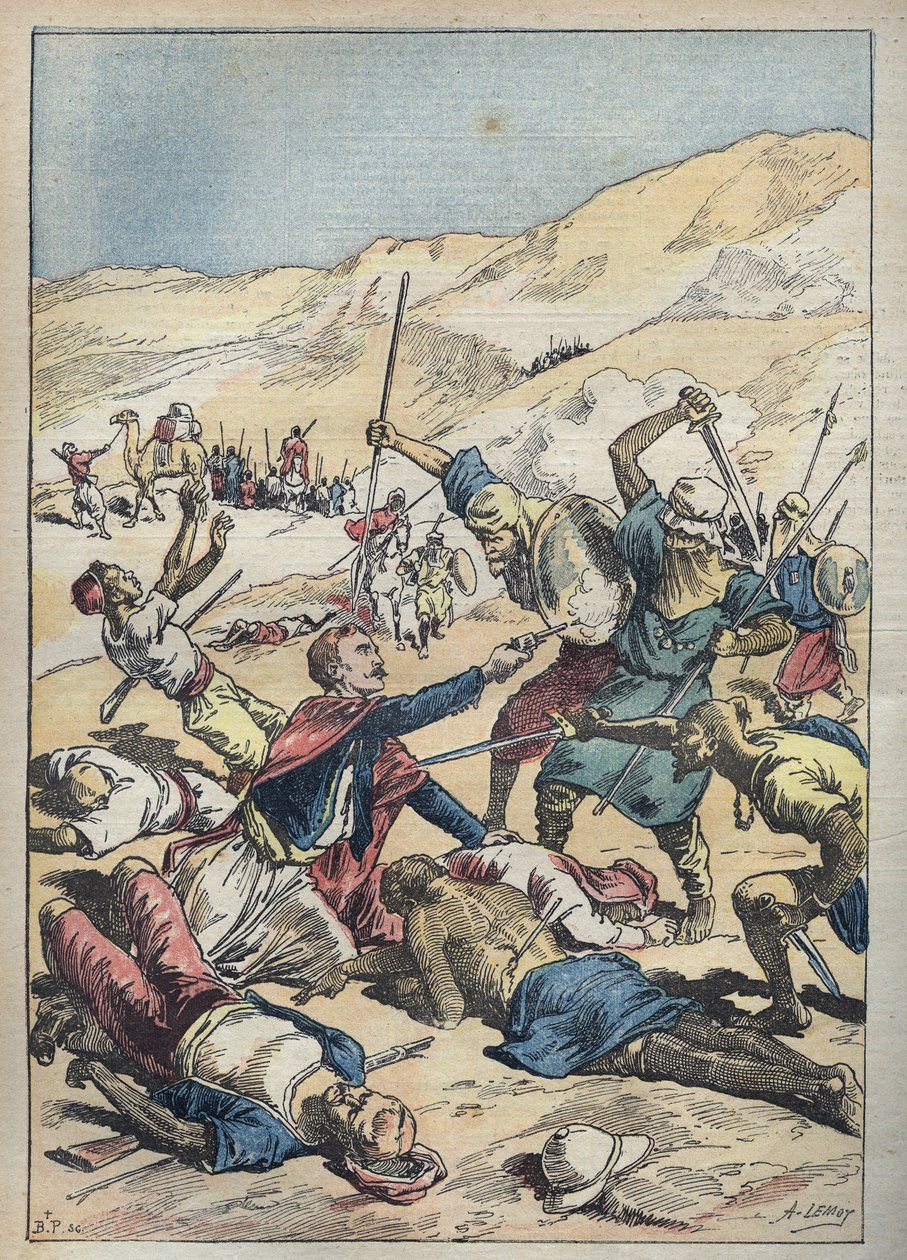 وفاة مركيز موريس (أنطوان أميدي ماري فنسنت) مانكا دي فالومبروسا (1858-1896) ورفاقه بالقرب من الواطية (الواطية) في تونس عام 1896 - رسم لأخيل ليموت في "" Le-Pelerin " "بتاريخ يونيو ١٨٩٦ بواسطة أشيل ليموت