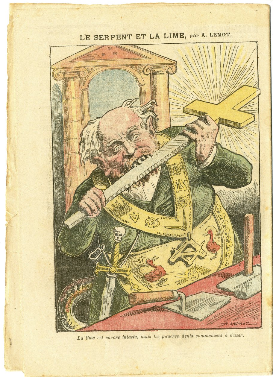 Illustration by Achille Lemot (1846-1909) in Le Pelerin, 23/05/09 - The Snake and the Lime - Antimaconism Freemaking, Religion Faith, Christian Cross, Fables La Fontaine and others, Catholic Catholicism - Laicisation Laicite Laiques - Snakes - Animalisatio بواسطة أشيل ليموت