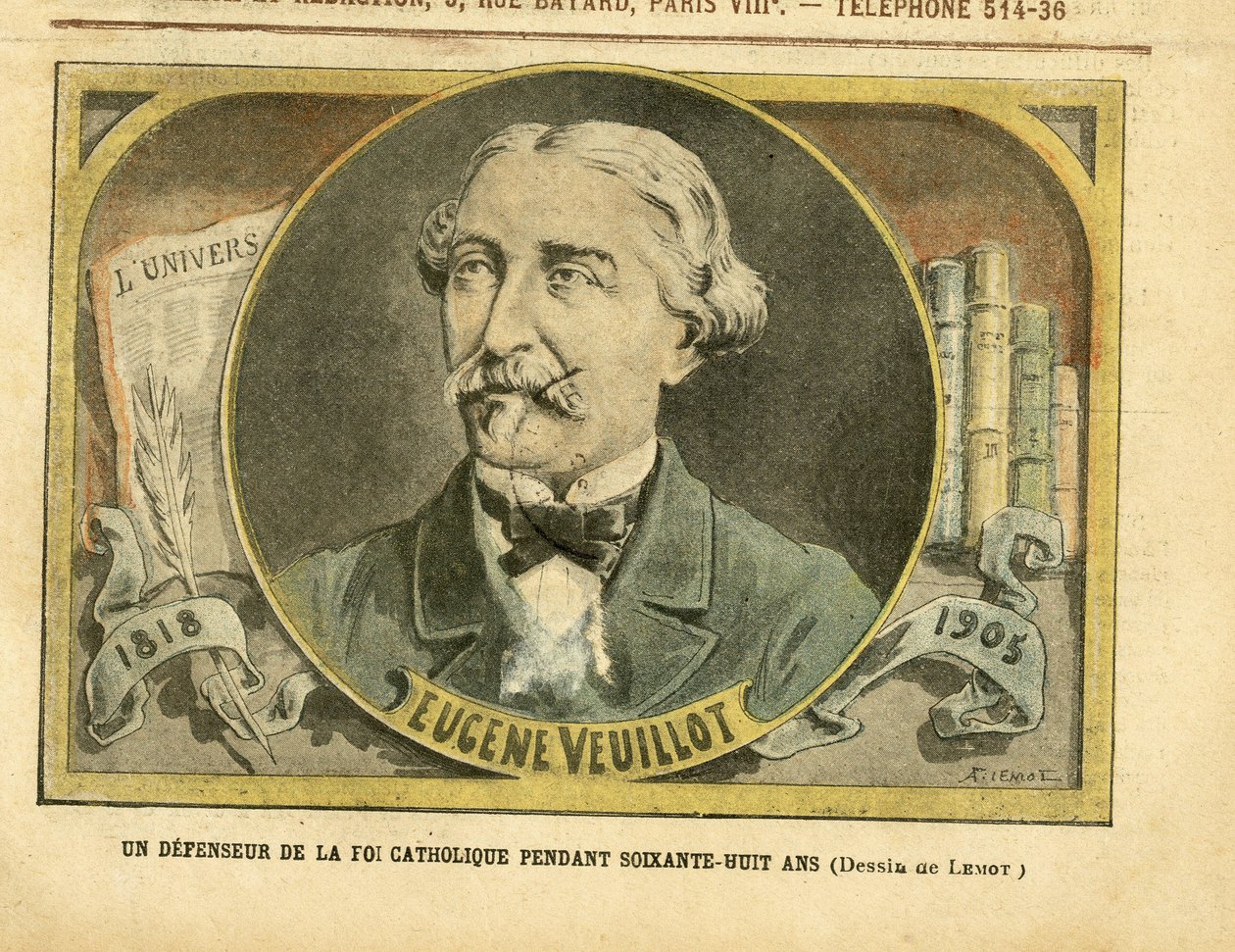رسم توضيحي لأخيل ليموت (1846-1909) في Le Pelerin ، 01/10/05 - مدافع عن العقيدة الكاثوليكية لمدة ثمانية وستين عامًا - الصحافة / الإعلام ، الإيمان الديني ، L