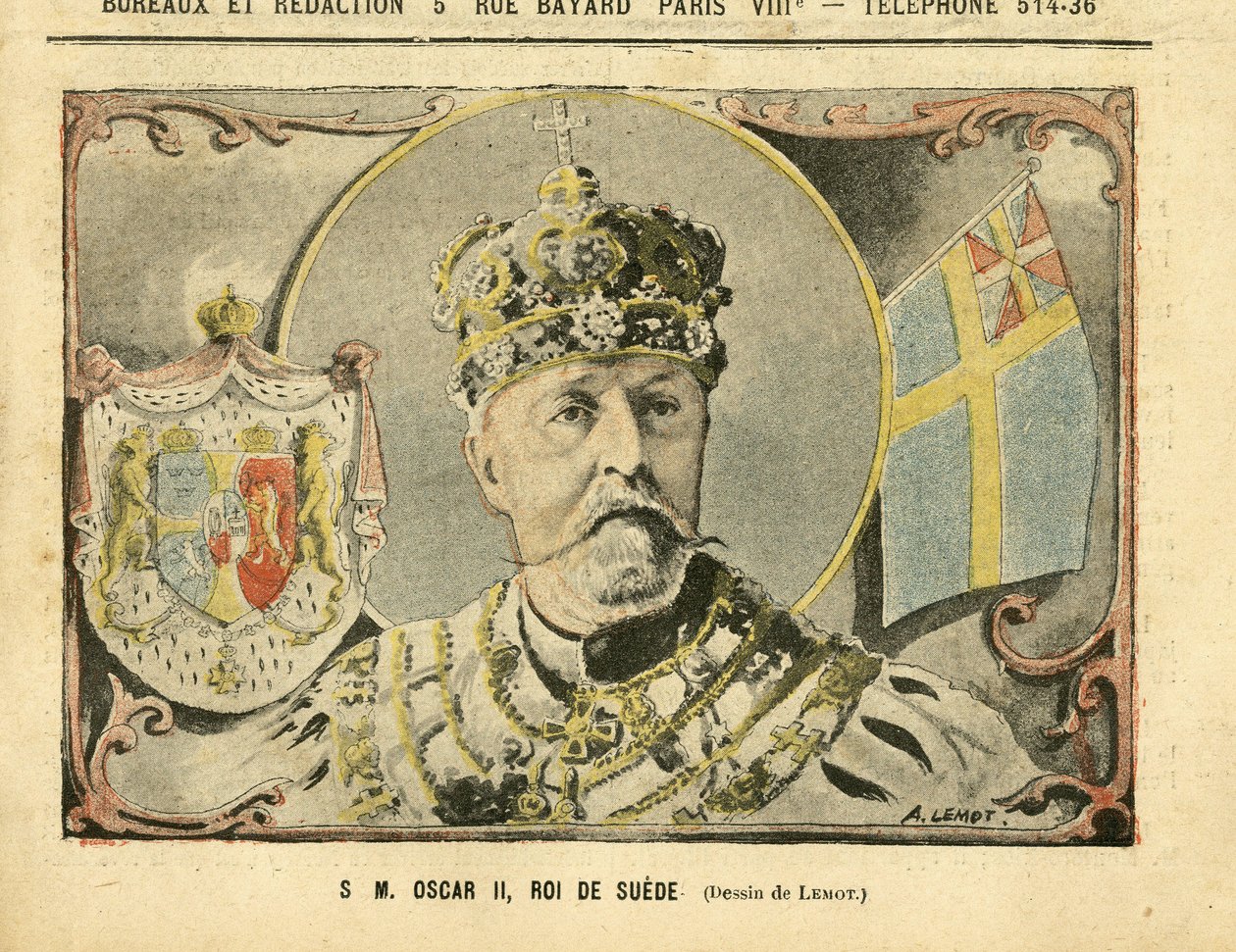 Illustration of Achille Lemot (1846-1909) in Le Pelerin, 02/07/05 - His Majesty Oscar II, King of Sweden - Monarchy, Sweden - Oscar II بواسطة أشيل ليموت