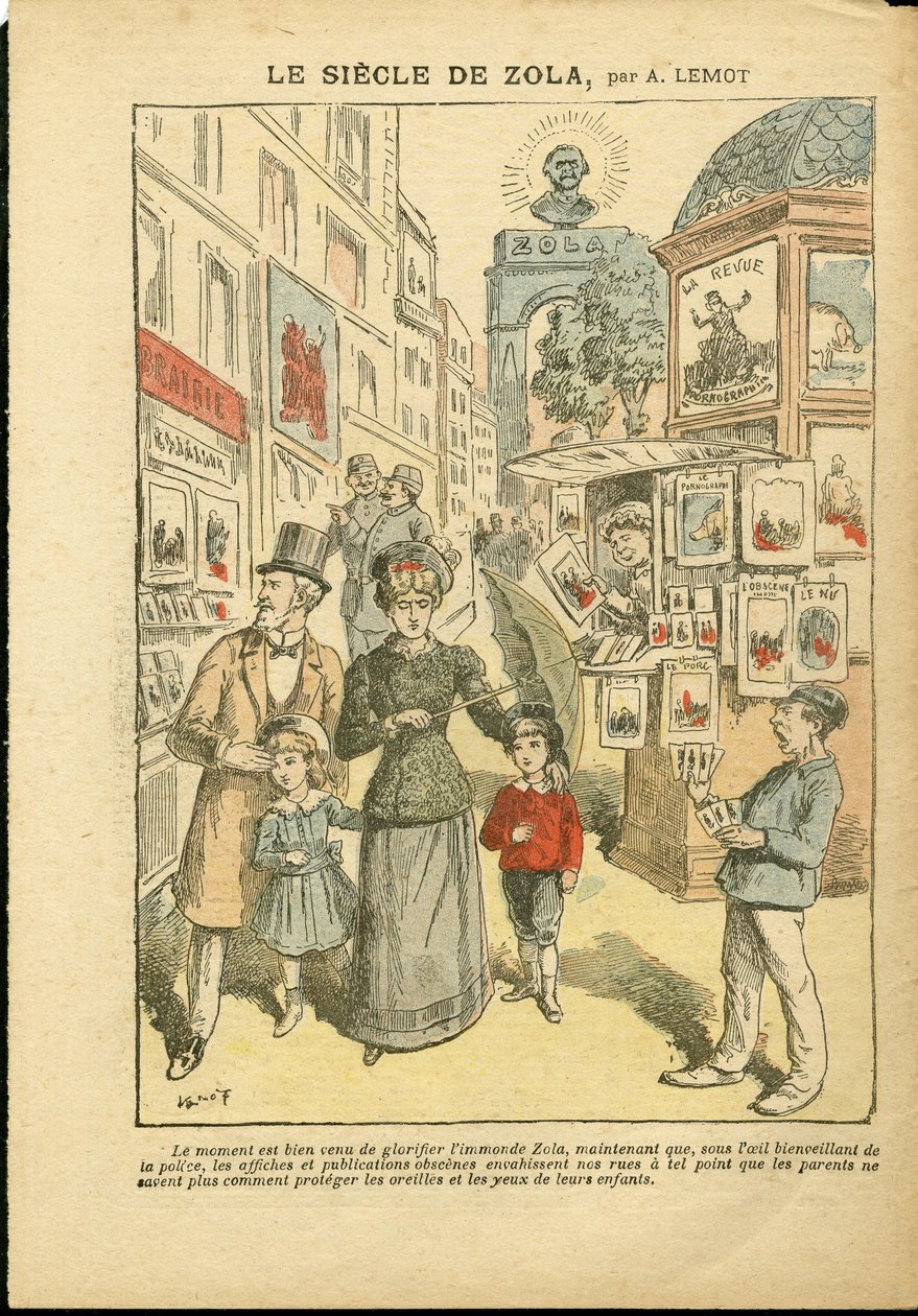 Illustration of Achille Lemot (1846-1909) in Le Pelerin, 03/05/08 - The century of Zola - Religion Faith, Family, Pornography, Newspaper kiosks, Catholic Catholicism, Rue alley - Zola Emile بواسطة أشيل ليموت