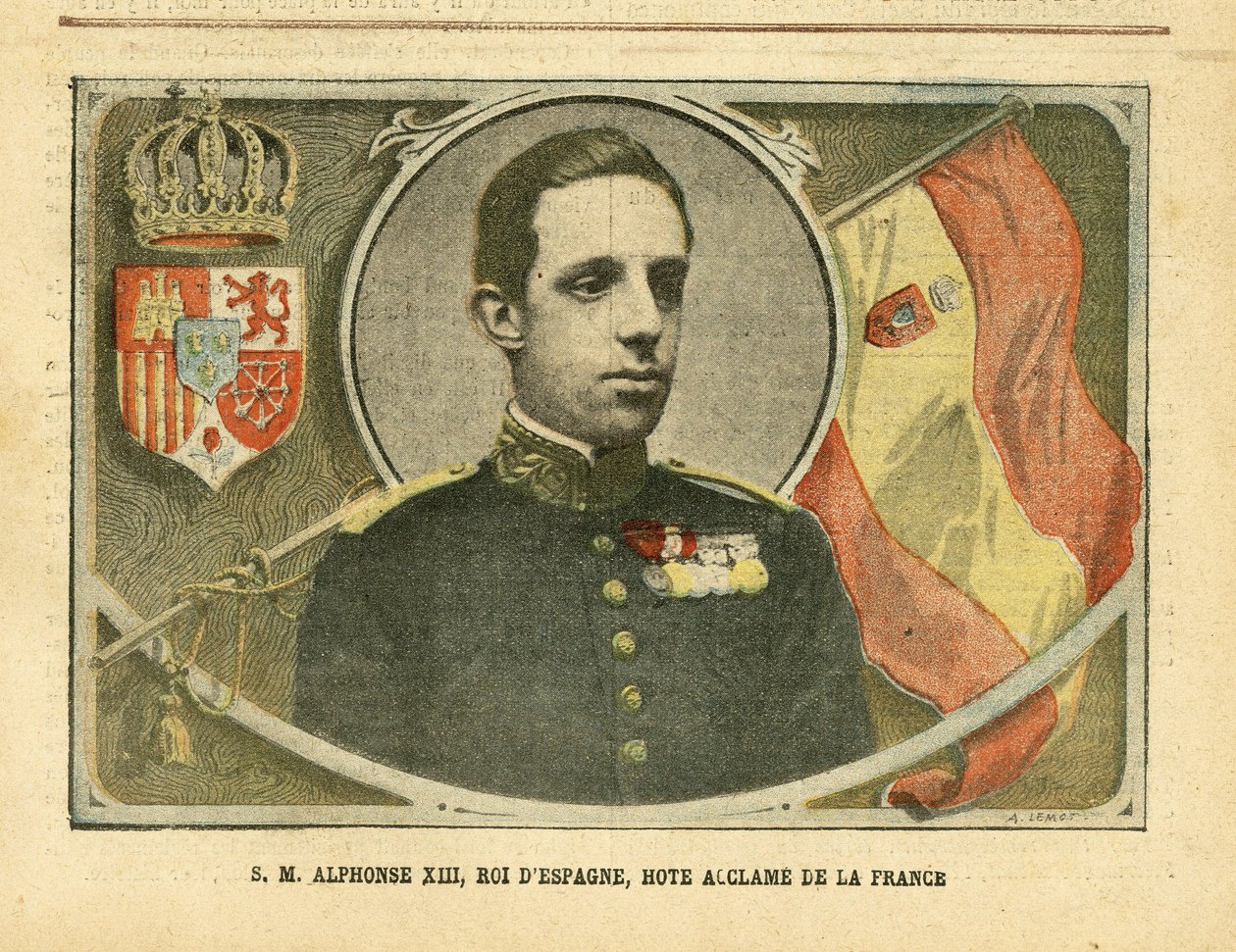 Illustration of Achille Lemot (1846-1909) in Le Pelerin, 04/06/05 - His Majesty Alfonso XIII, King of Spain, Hote Acclame of France - Spain, Monarchy, Flags, Foreign Sovereign - Alfonso XIII بواسطة أشيل ليموت