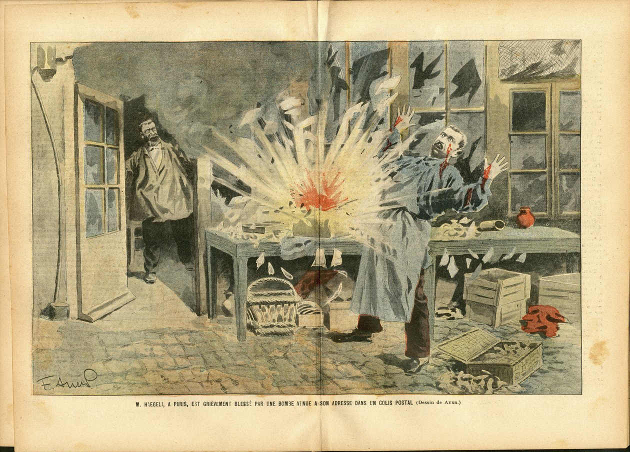 Illustration of Achille Lemot (1846-1909) in Le Pelerin, 05/08/06 - Courier La Poste, Bomb - Postal Factor بواسطة أشيل ليموت