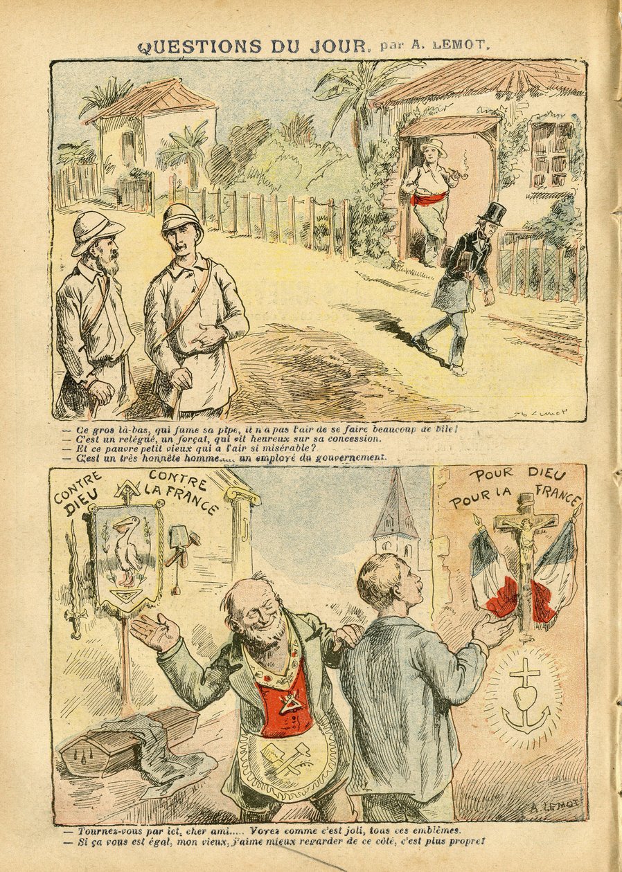 رسم توضيحي لأخيل ليموت (1846-1909) في Le Pelerin ، 06/10/07 - سؤال اليوم - الاستعمار الاستعماري الاستعمار ، Antimaconism Freemaking ، الدين الإيمان ، الإلحاد ، الوطنية ، المنفى ، الكاثوليكية - المستوطنون ، المستكشفون ، Forcats ، الفرسان بواسطة أشيل ليموت