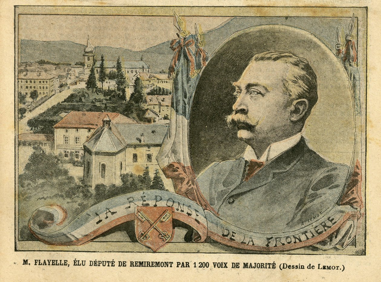 Illustration of Achille Lemot (1846-1909) in Le Pelerin, 07/02/04 - M. Flayelle, elected depute of Remiremont by 1200 majority votes - Elections, Alsace Lorraine, Chambre des deputes Hemicycle, Patriotisme, Frontières, Remiremont, Vosges - Depute, Flayelle بواسطة أشيل ليموت