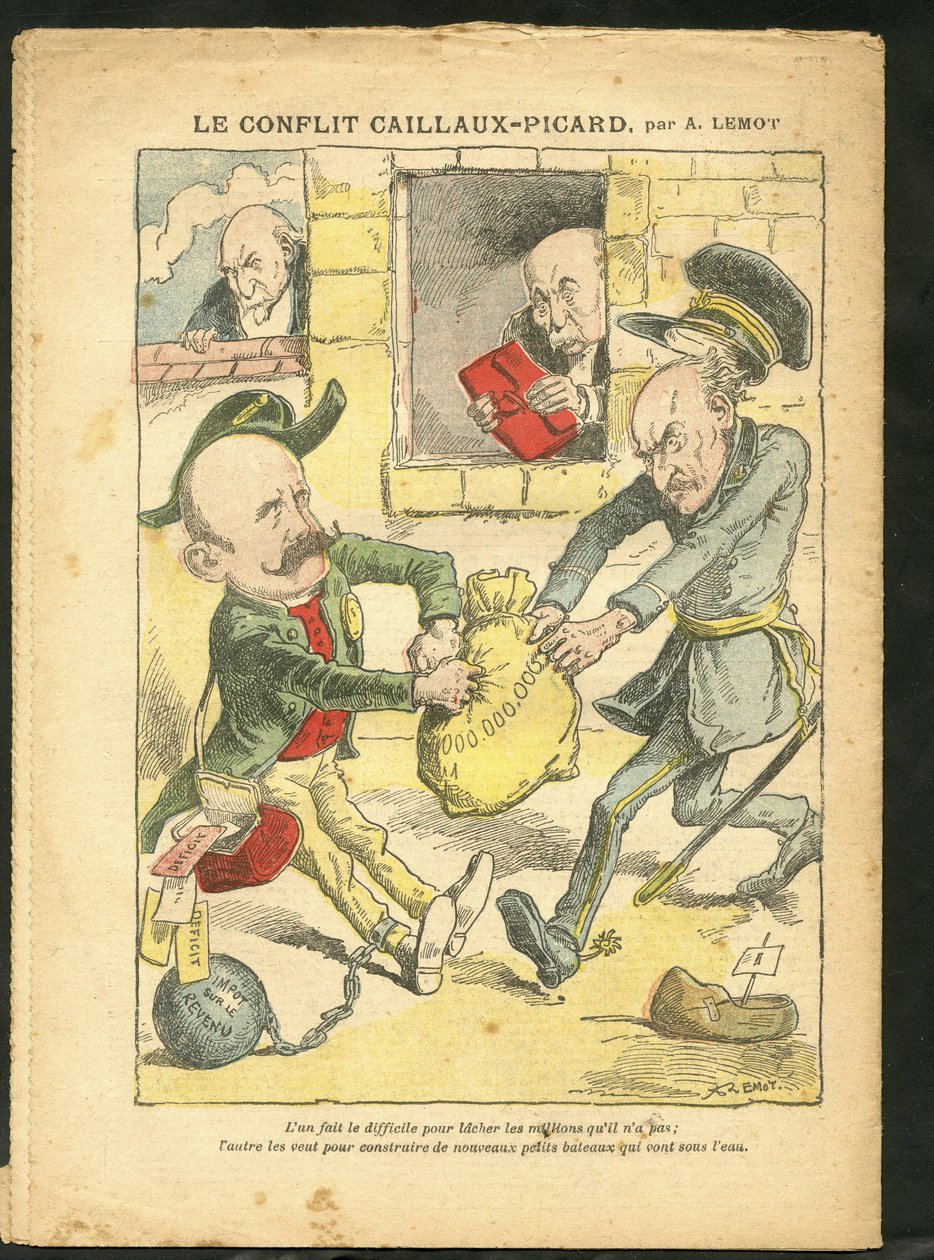Illustration of Achille Lemot (1846-1909) in Le Pelerin, 07/03/09 - The Caillaux-Picard Conflict - Taxation, Income Tax - Combes Emile (1835-1921), Clemenceau George, Caillaux Joseph (1863-1944) بواسطة أشيل ليموت