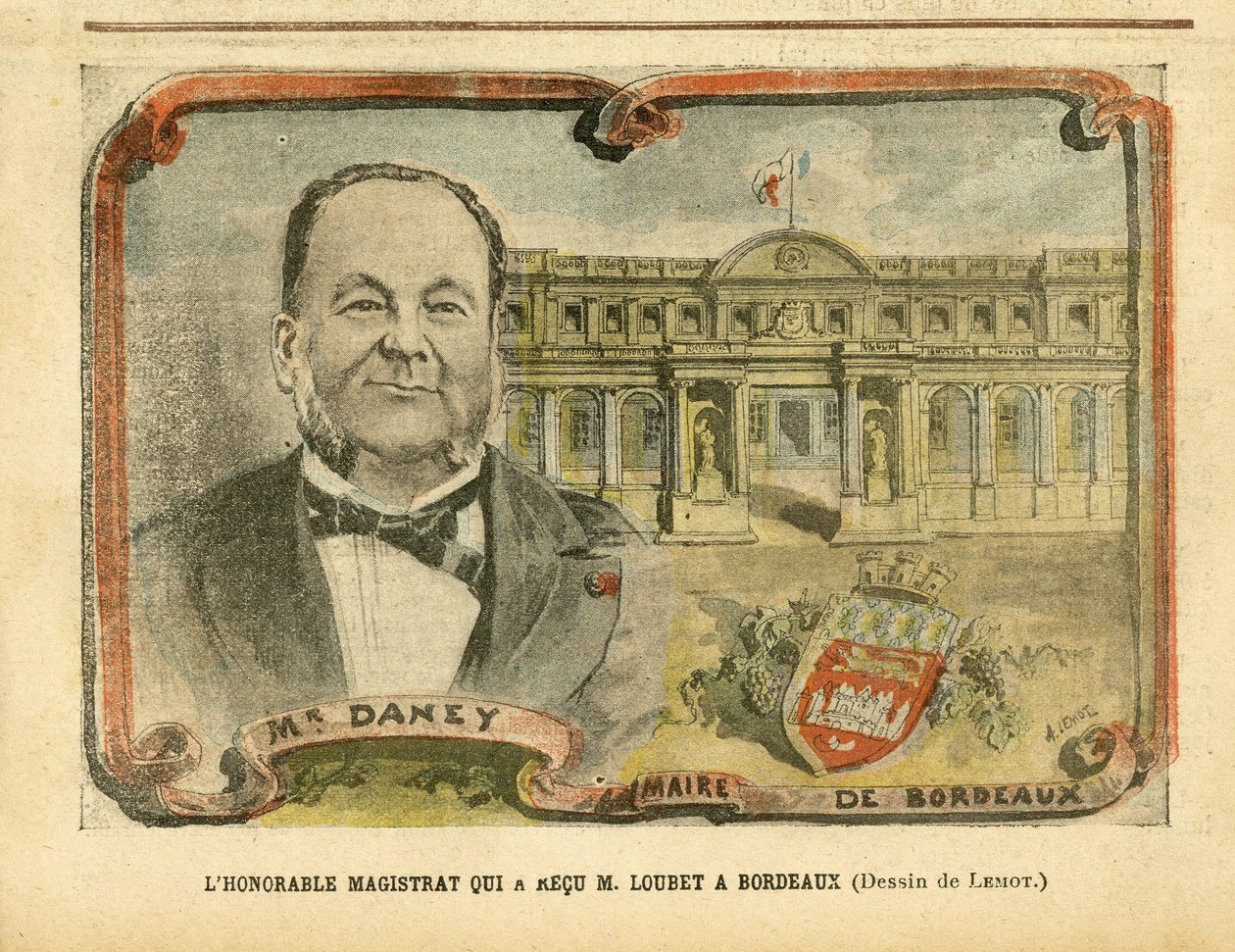 رسم توضيحي لأخيل ليموت (1846-1909) في Le Pelerin ، 07/05/05 - القاضي الموقر الذي استقبل M. Loubet في Bordeaux - Architecture Urbanisme ، رئيس الجمهورية ، بوردو - عمدة ، داني ألفريد (1832-1911) بواسطة أشيل ليموت