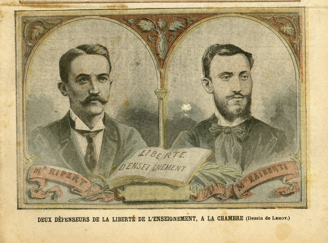 رسم توضيحي لأخيل ليموت (1846-1909) في لو بيليرين ، 20/03/04 - اثنان من المدافعين عن حرية التعليم - التدريس ، والإيمان الديني ، والكاثوليكية الكاثوليكية - حرية التعليم - ريبير جان بابتيست (1870-1958) ، رايبرتي فلامينوس (1862-1929) بواسطة أشيل ليموت
