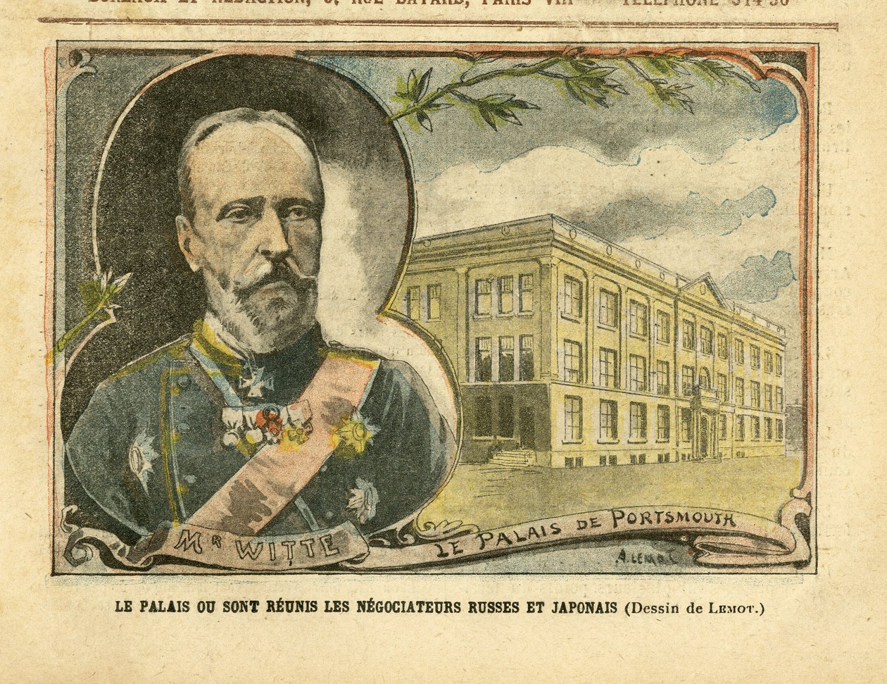 Illustration of Achille Lemot (1846-1909) in Le Pelerin, 20/08/05 - The Palace where Russian and Japanese negociators are reunited - Russia, Japan, Russian-Japanese War, Portsmouth - Witte Serge (1849-1915) بواسطة أشيل ليموت