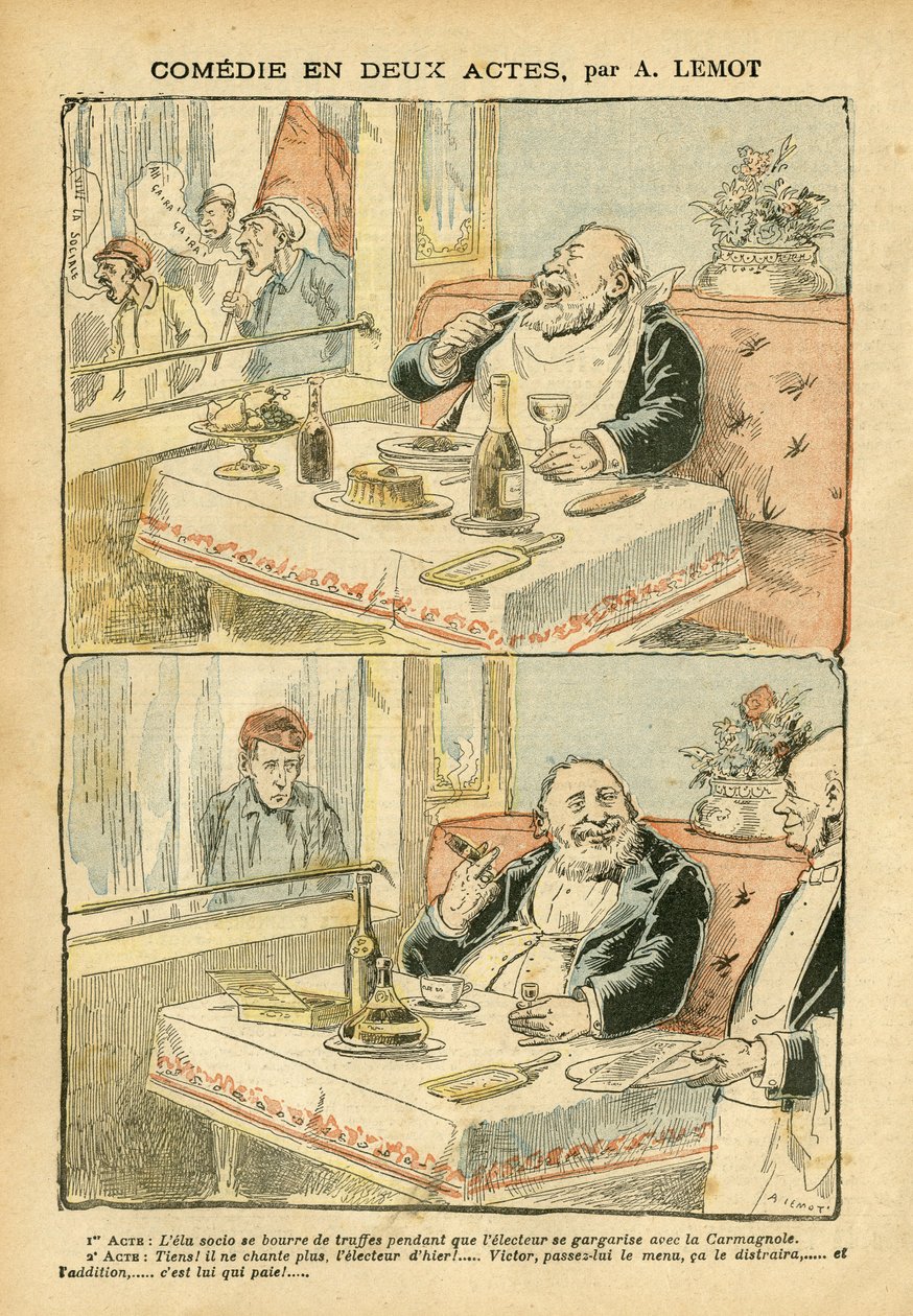 Illustration of Achille Lemot (1846-1909) in Le Pelerin, 22/05/04 - Comedy in two acts - Restaurant Cafes, Gastronomy cooking, Socialism - Boys de cafe, Truffle - Fat/lean بواسطة أشيل ليموت