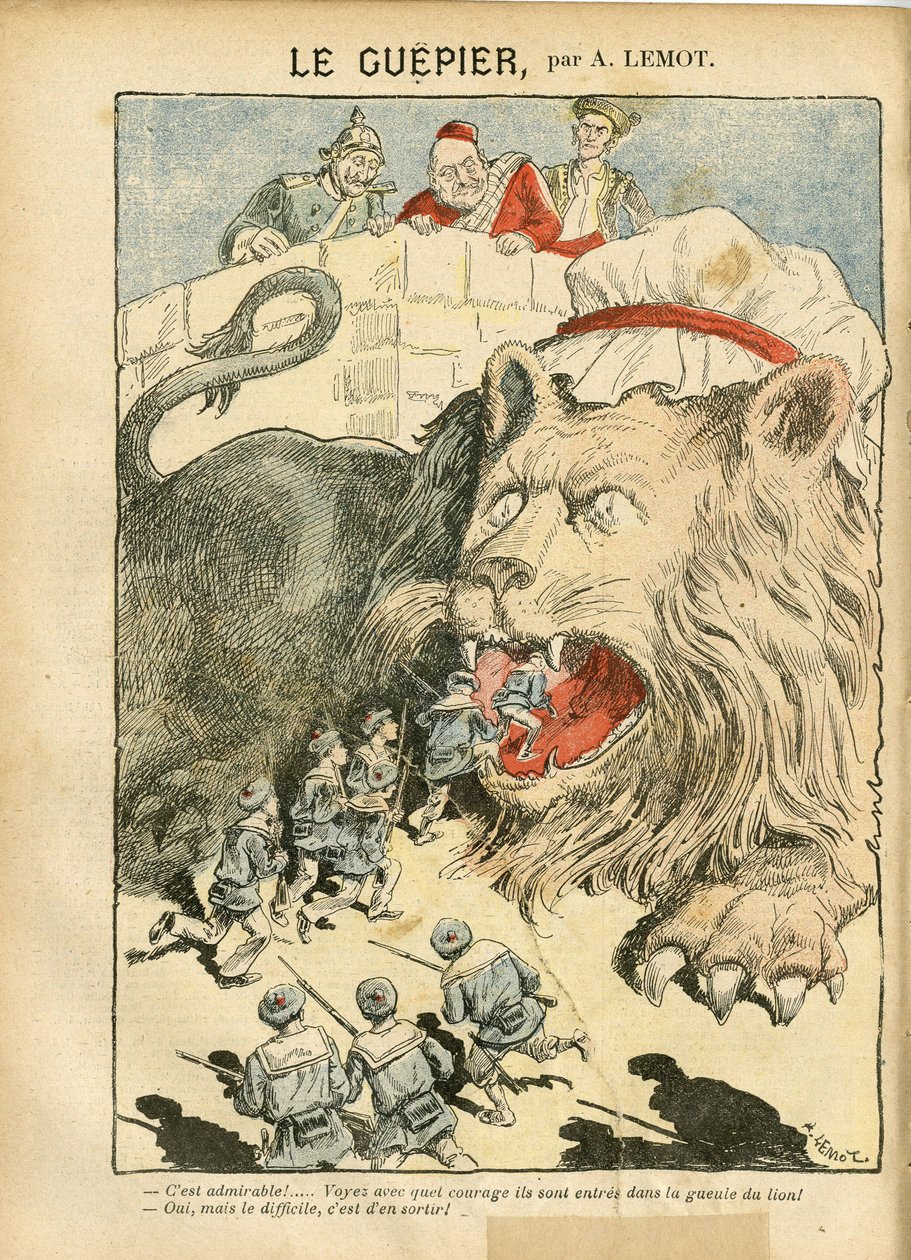 رسم توضيحي لأخيل ليموت (1846-1909) في Le Pelerin ، 25/08/07 - Le Guepier - War ، ألمانيا ، بروسيا ، إنجلترا بريطانيا العظمى ، إسبانيا ، البحر البحري البحري - الأسد / النمر بواسطة أشيل ليموت