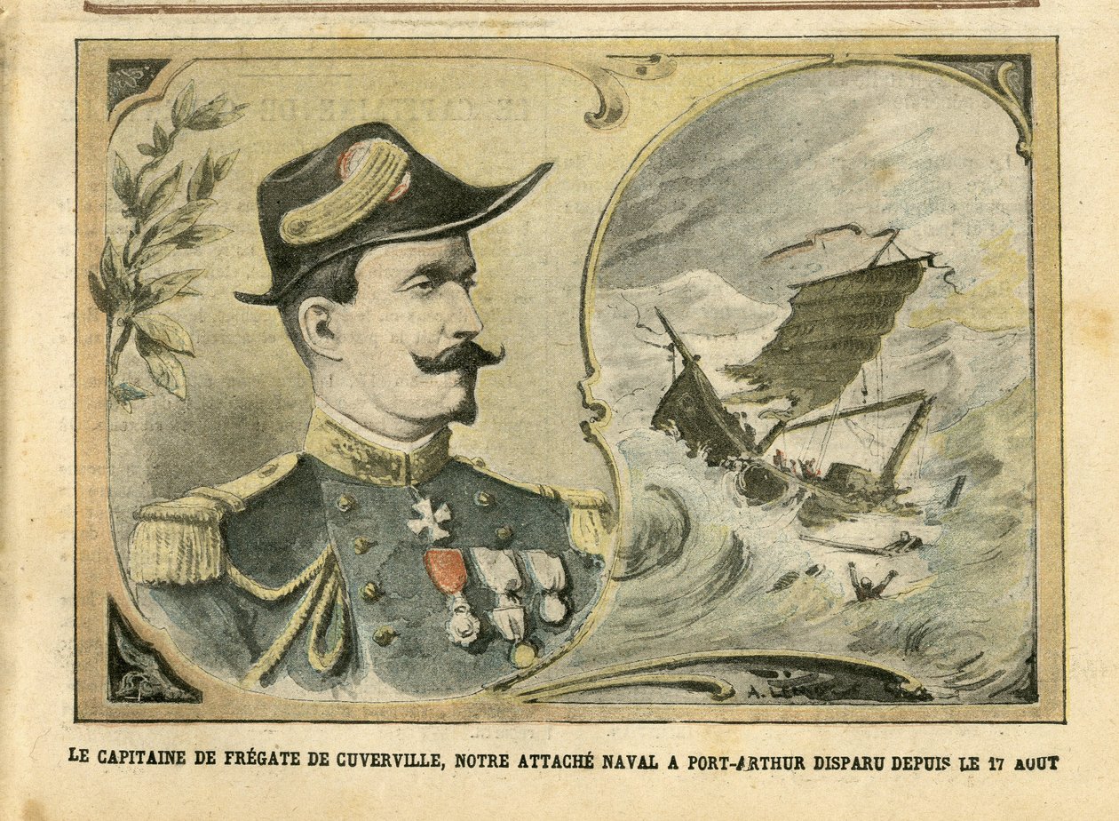 رسم توضيحي لـ Achille Lemot (1846-1909) في Le Pelerin ، 25/09/04 - اختفى قبطان فرقاطة Cuverville ، ملحقنا البحري في Port-Arthur منذ 17 أغسطس - Armee ، Maritime Marine Nautique Balneaire ، بورت آرثر ، Naufrage - دي كوفرفيل بواسطة أشيل ليموت