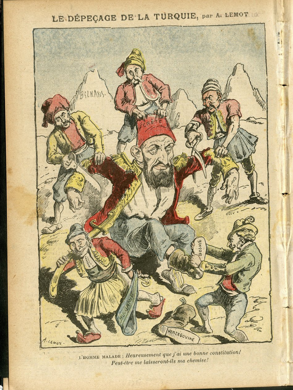 Illustration of Achille Lemot (1846-1909) in Le Pelerin, 25/10/08 - The depecage of Turkey - Turkey, Religion Faith, Balkans, Bulgaria, Bosnia Herzegovine, Crete, Catholic Catholicism - Abdul-Hamid II (1842-1918) بواسطة أشيل ليموت