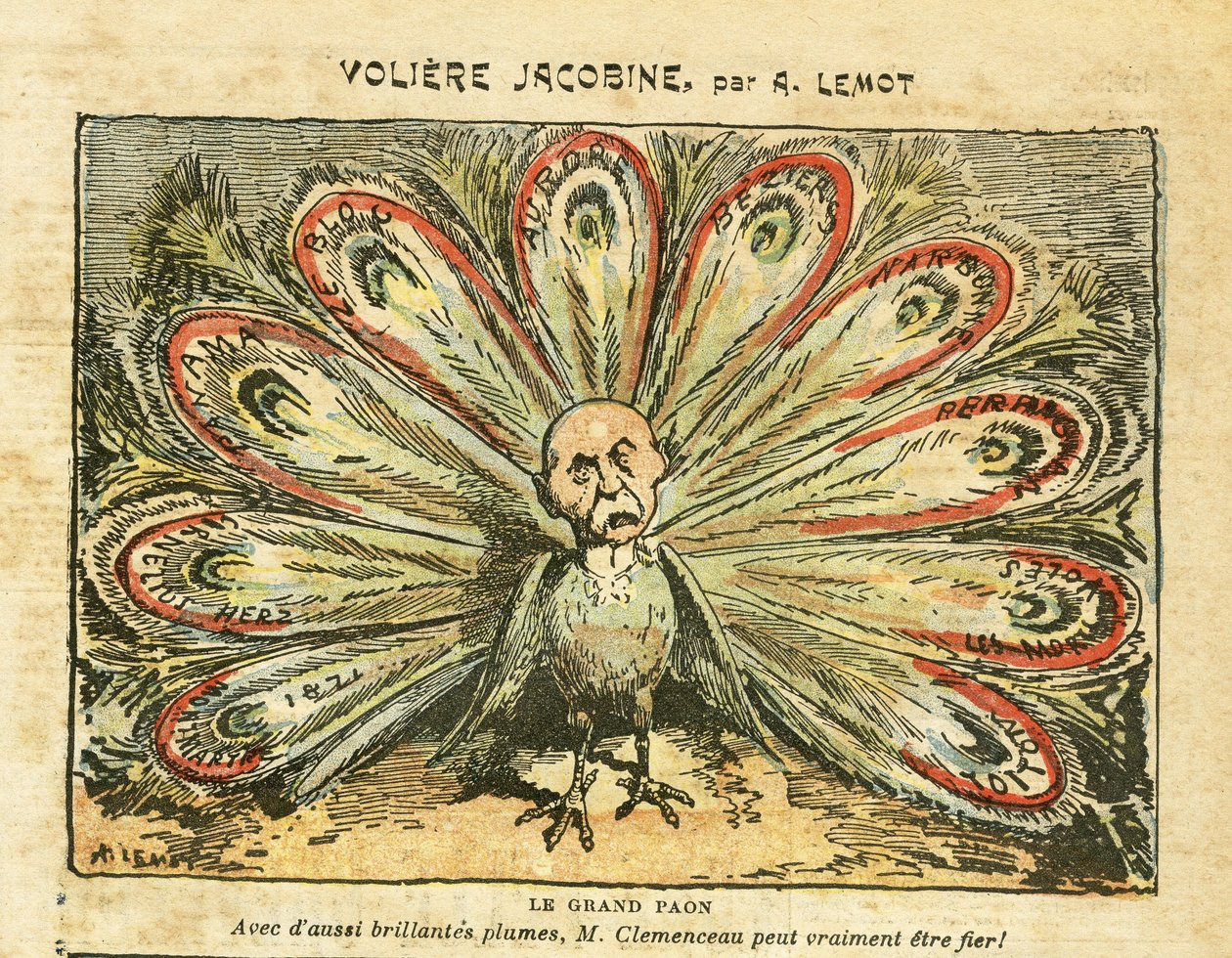 رسم توضيحي لـ Achille Lemot (1846-1909) في Le Pelerin ، 26/01/08 - Voliere jacobine - Bloc des Lefts ، أزمة النبيذ Revolte des vignerons ، Narbonne ، Beziers ، Aurore (مذكرات) - Clemenceau George ، Peacock ، - Animalisation بواسطة أشيل ليموت