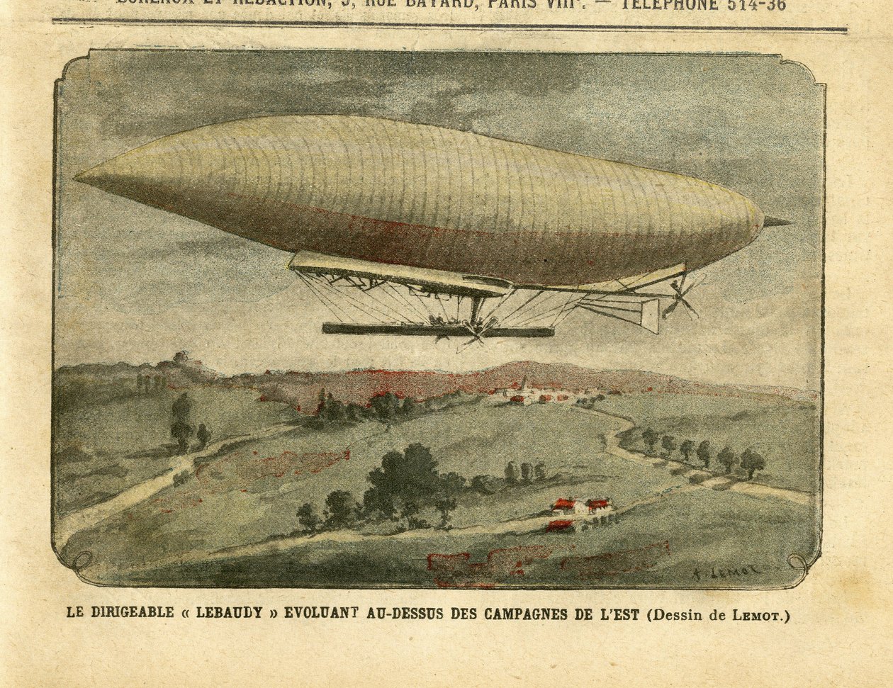 رسم توضيحي لأخيل ليموت (1846-1909) في لو بيليرين ، 26/11/05 - المنطاد "Lebaudy" يتطور فوق الريف الشرقي - الحملة ، مناطيد البالونات مناطيد زيبلين ، ليبودي بواسطة أشيل ليموت