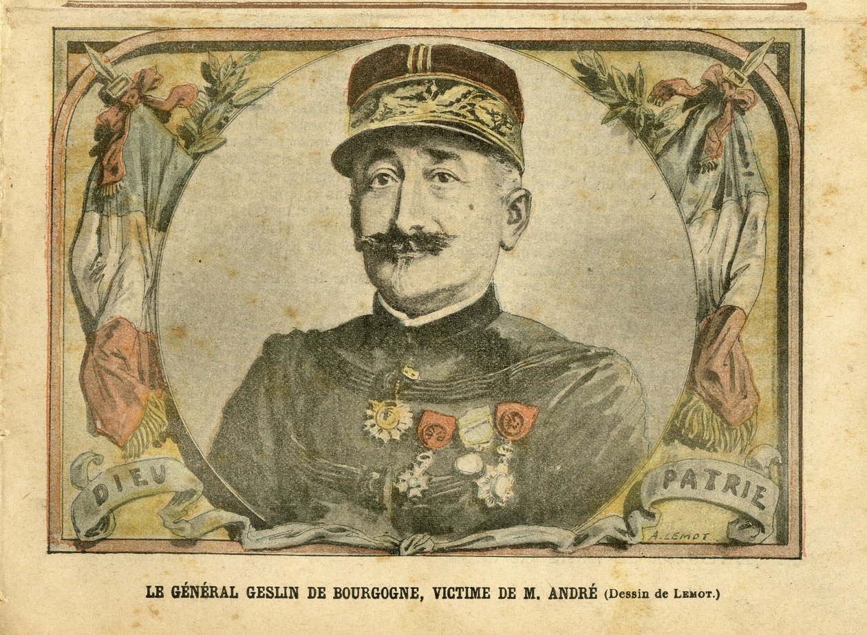 رسم توضيحي لأخيل ليموت (1846-1909) في لو بيليرين ، 27/03/04 - الجنرال جيسلين بورغندي ، ضحية السيد أندريه - أرمي ، قضية البطاقات - أندريه لويس ، الجنرال جينيرو ، جول هنري جيسلين من بورغوندي (1812 -1897) بواسطة أشيل ليموت