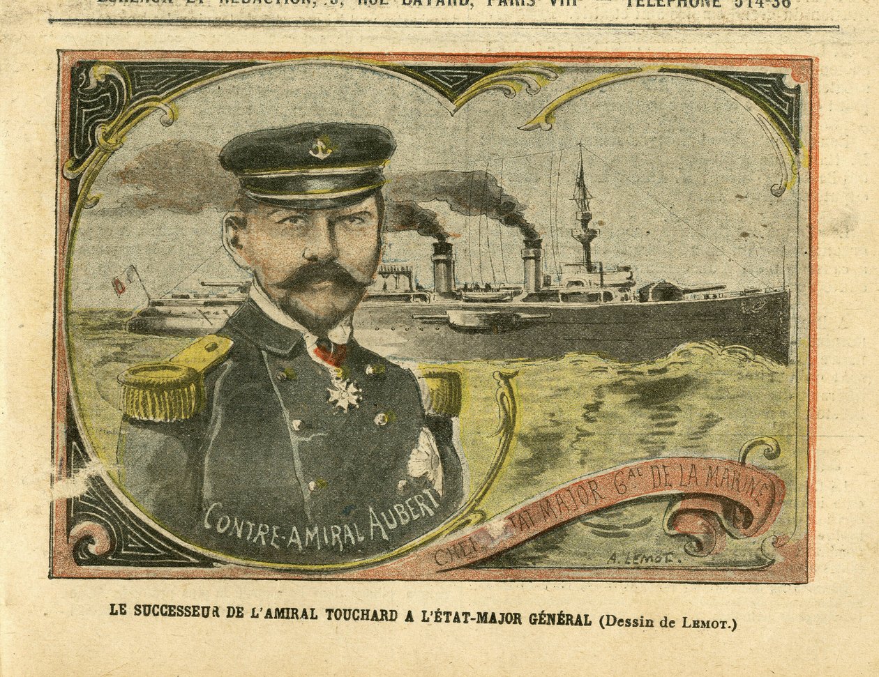 Illustration of Achille Lemot (1846-1909) in Le Pelerin, 27/08/05 - The successor of Admiral Touchard to the General Staff - Armee, Marine Marine Balneaire, Staff, Warships - Admiral Admirals, Aubert Marie Jacques Charles (1848-1915), Touchard Philippe (18 بواسطة أشيل ليموت