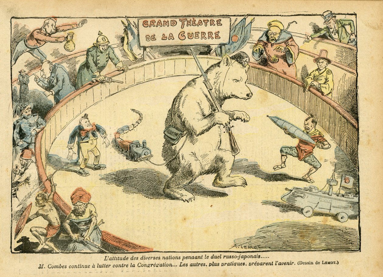 Illustration of Achille Lemot (1846-1909) in Le Pelerin, 28/02/04 - The attitude of various nations... - Russia, Russian-Japanese War - Combes Emile, Bear, Fair Bear - Animalisation, Carnival/Game/Circus بواسطة أشيل ليموت
