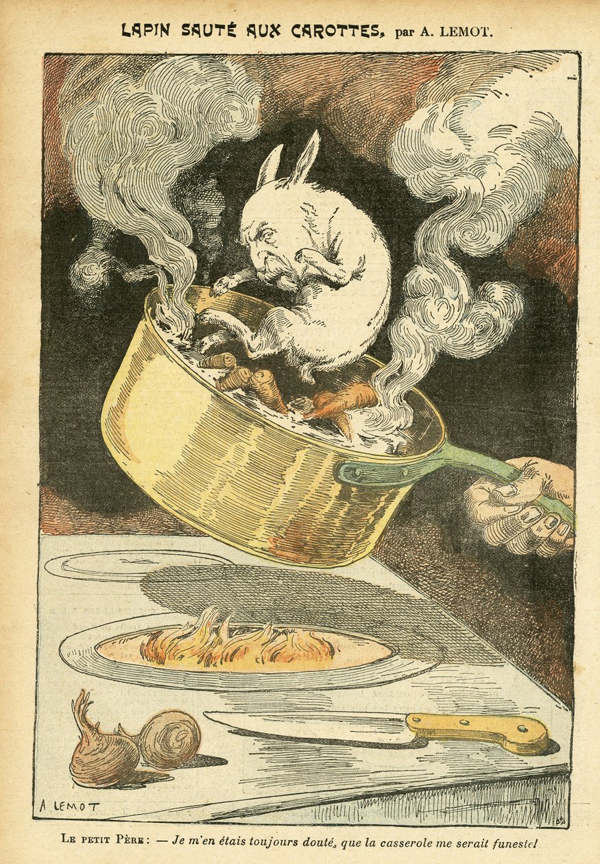 رسم توضيحي لـ Achille Lemot (1846-1909) في Le Pelerin ، 29/01/05 - Rabbit jumte مع الجزر - Affaire des fiche ، مطبخ فن الطعام - Combes Emile (1835-1921) ، Rabbit - Saucepan - استعارة الطعام ، الحيوان بواسطة أشيل ليموت