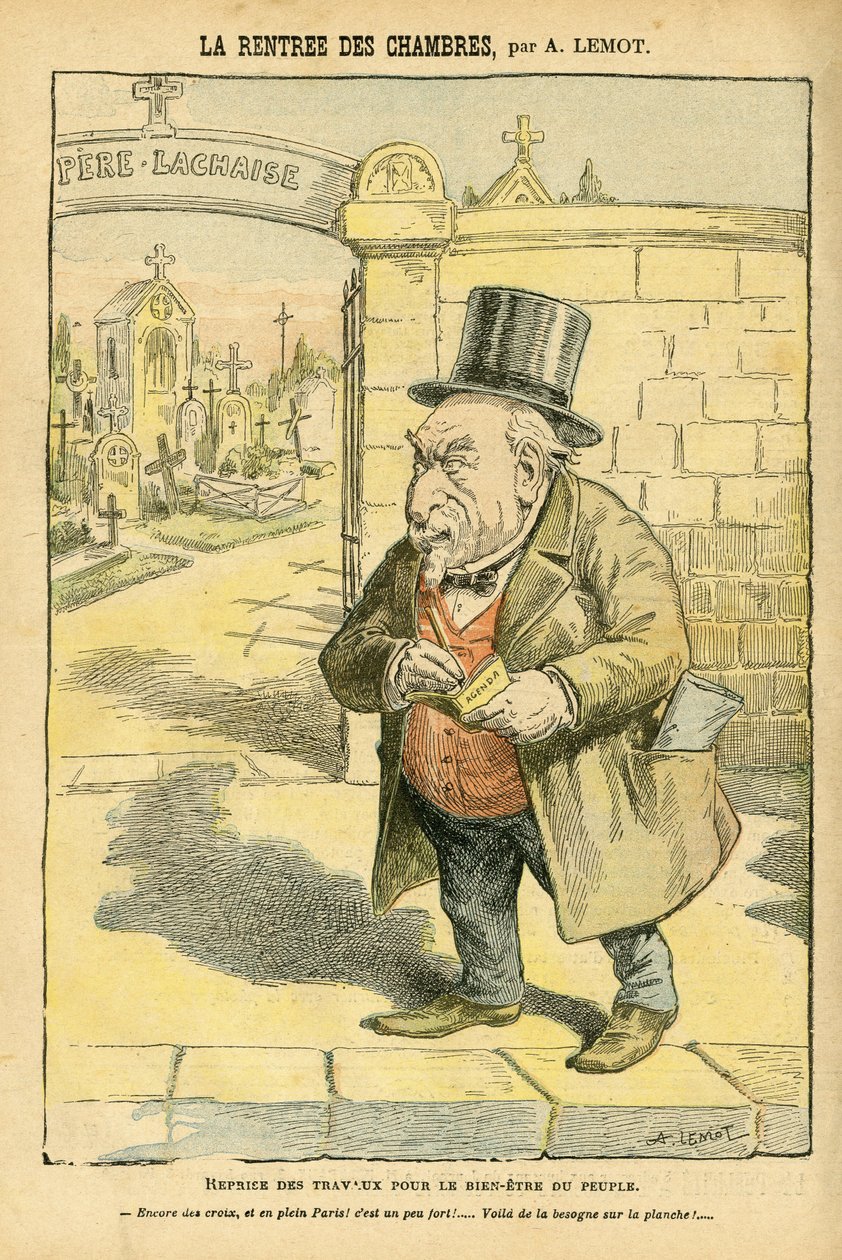 Illustration of Achille Lemot (1846-1909) in Le Pelerin, 29/05/04 - La rentree des rooms - Religion Faith, Cemetery, Bloc des lefches, Mourning Obseques Funerailles, Pere Lachaise, Catholic Catholicism - Laicisation of the religious space, Laicite Laiques  بواسطة أشيل ليموت