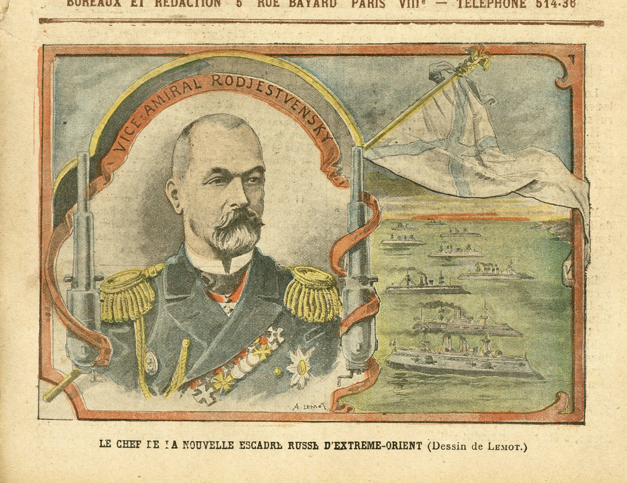 Illustration of Achille Lemot (1846-1909) in Le Pelerin, 30/04/05 - The leader of the new Russian Far East Squadron - Russia, Armee, Navy Sea Seaside, Warships - Admiral Admirals, Rodjestvensky (Zinovi Rozhestvensky بواسطة أشيل ليموت