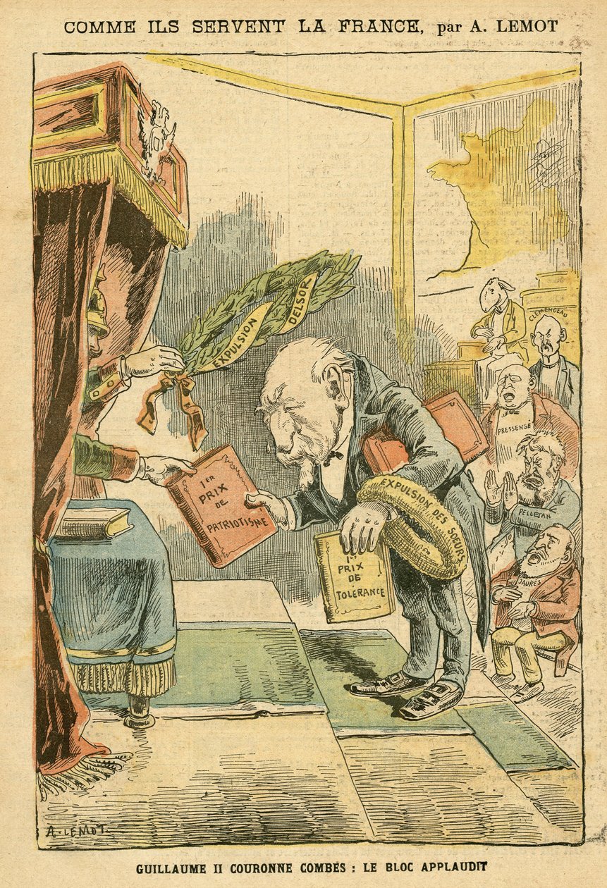 رسم توضيحي لأخيل ليموت (1846-1909) في Le Pelerin ، 31/01/04 - كيف يخدمون فرنسا - ألمانيا بروسيا ، الإيمان الديني ، كتلة اليسار ، الوطنية ، الكاثوليكية الكاثوليكية - إخلاء الديني - Combes Emile (1835-1921) ، وليام الثاني ، ديلسور نيكولاس (18 بواسطة أشيل ليموت