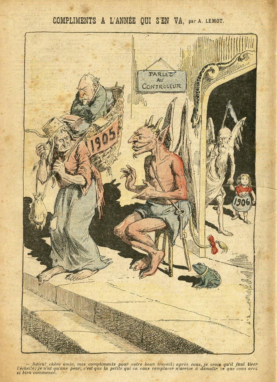 رسم توضيحي لأخيل ليموت (1846-1909) في Le Pelerin ، 31/12/05 - مجاملات العام الذي يرحل - الإيمان بالدين والكاثوليكية - Combes Emile (1835-1921) ، الشيطان ، الزمن (Allegory of) بواسطة أشيل ليموت