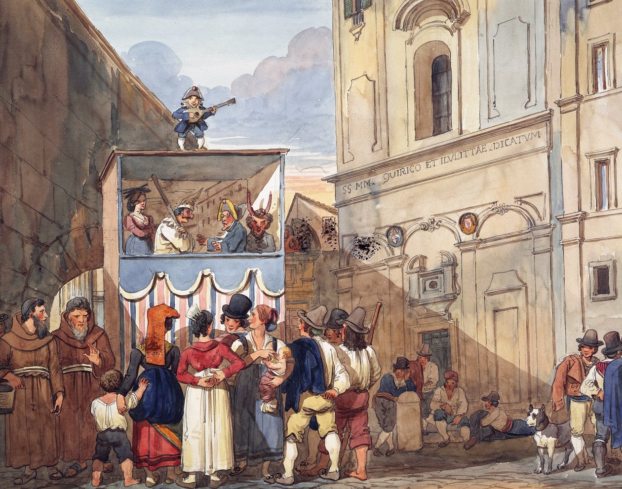 Puppet theatre in Roman church of Saints Quirico and Giuditta, by Achille Pinelli (1809-1841), watercolor, detail, Italy بواسطة أخيل بينيلي