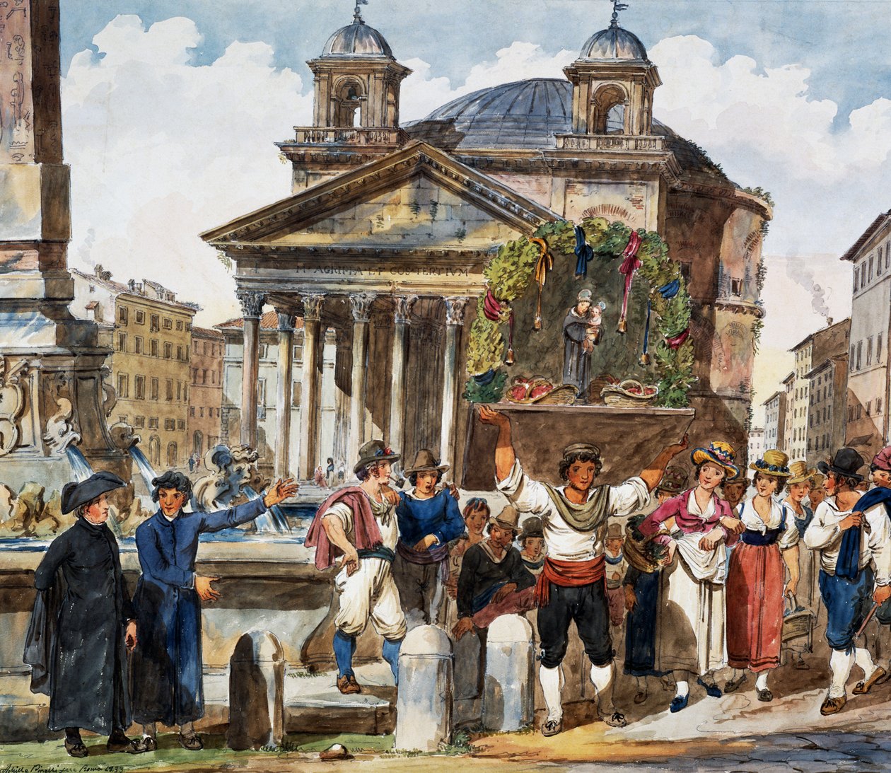 Strawberry festival at Pantheon in Rome, Watercolor by Achille Pinelli (1809-1841), Italy بواسطة أخيل بينيلي