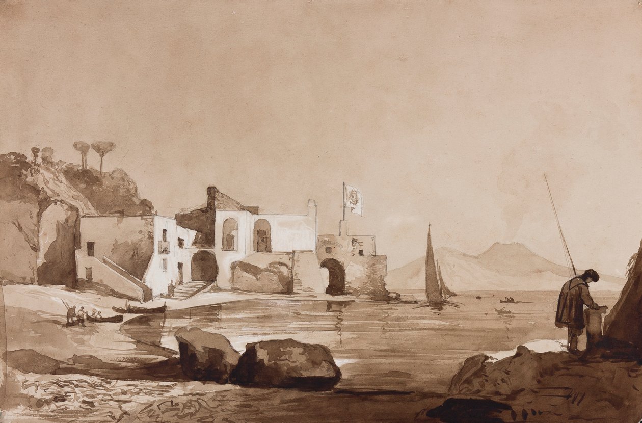 ميناء يرفع علم Borbone مع Vesuvius إلى الجنوب ، مع إضافات من تلميذ Borbone (قلم رصاص ، يغسل بني داكن و gouache على الورق) بواسطة أخيل فيانيلي