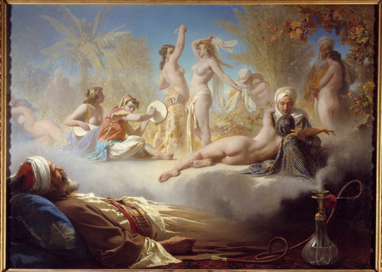 حلم المؤمن: مسلم ينام بعد تدخين النرجيلة حلم الراقصين الشرقيين. لوحة Achilles Zo (1826-1901) القرن التاسع عشر. 1،04x1،58 م بايون ، متحف بونات بواسطة Achille Zo