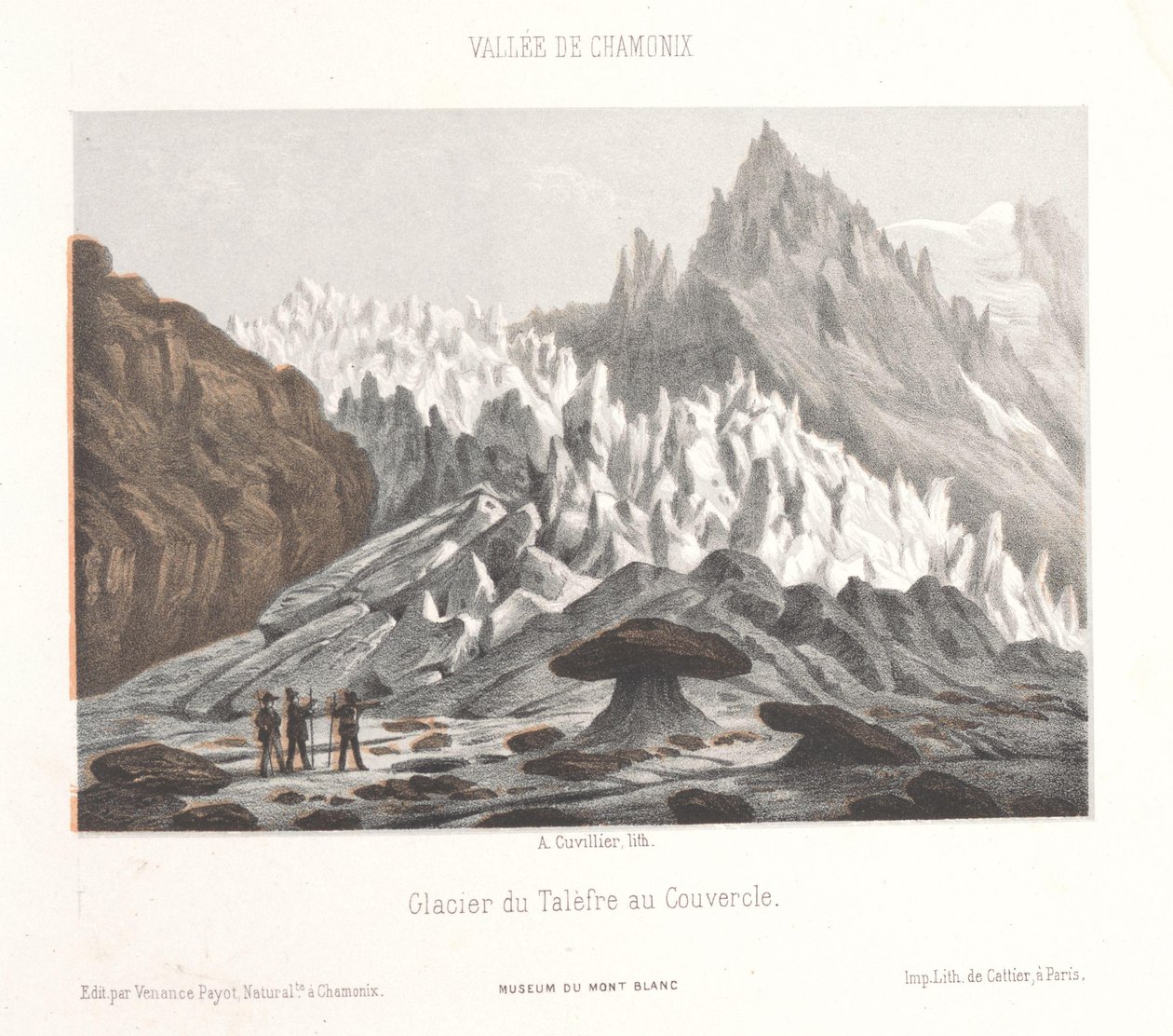 منظر لحجر Couvercle عند نهر Talèfre الجليدي Glacier du Talèfre au Couvercle (العنوان على الكائن) ذكرى شاموني مونت بلانك (عنوان المسلسل) متحف دو مونت بلانك (عنوان السلسلة على الكائن) بواسطة ميلادي. كوفيلييه