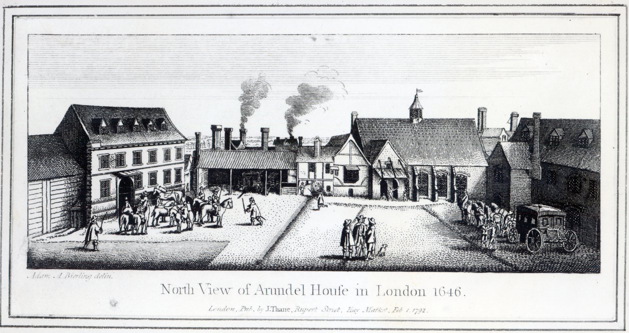 المنظر الشمالي لـ Arundel House في لندن محفوراً بواسطة Wenceslaus Hollar في عام 1646 ونشر في عام 1792 بواسطة آدم ألكسيوس بيرلينج