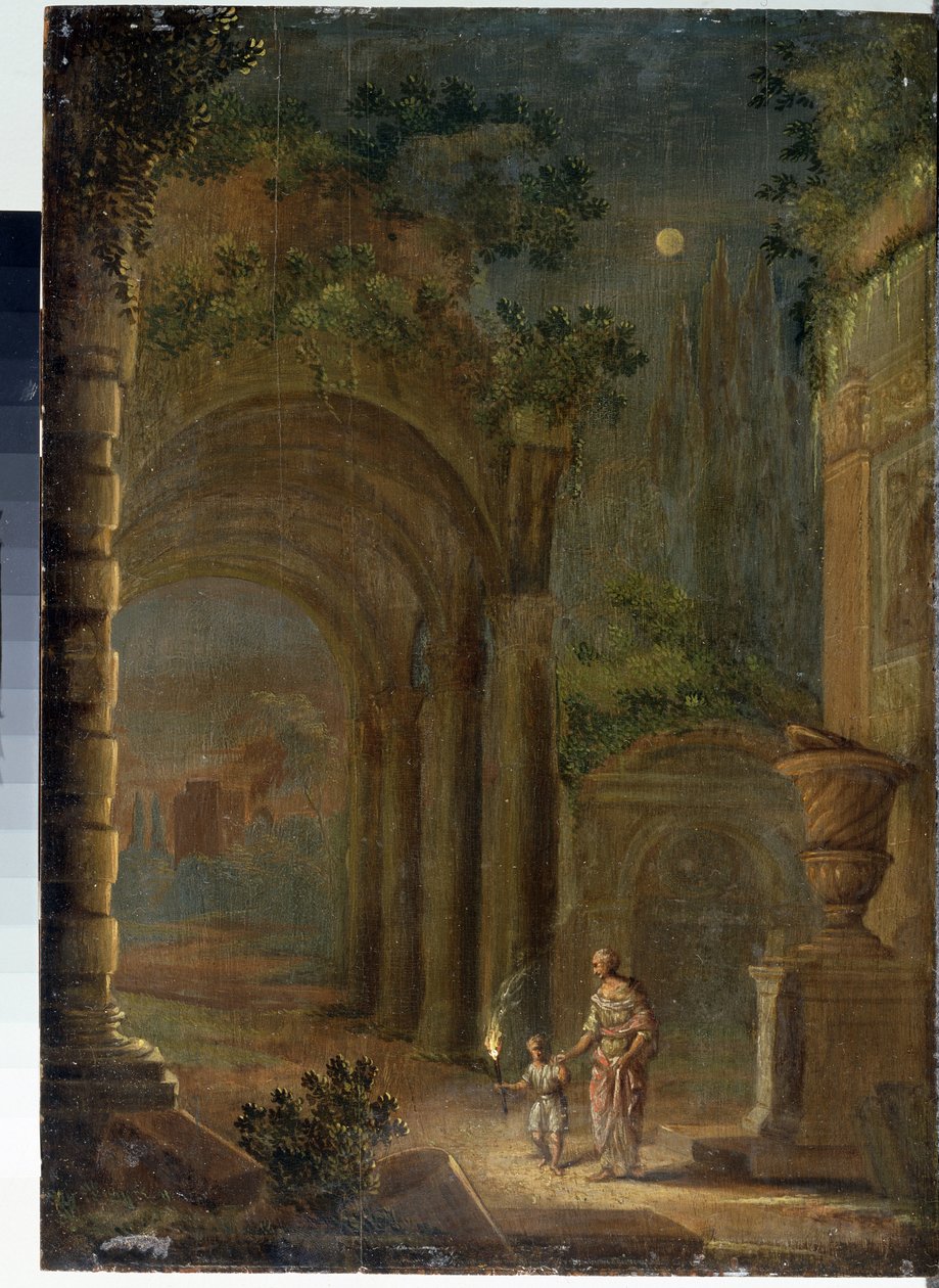 "منظر طبيعي للأطلال بضوء القمر" رسم لآدم إلشايمر (1578-1610) متحف الدولة في الهواء الطلق قصر غاتشينا ، سانت بطرسبرغ ، روسيا بواسطة آدم الشيمر