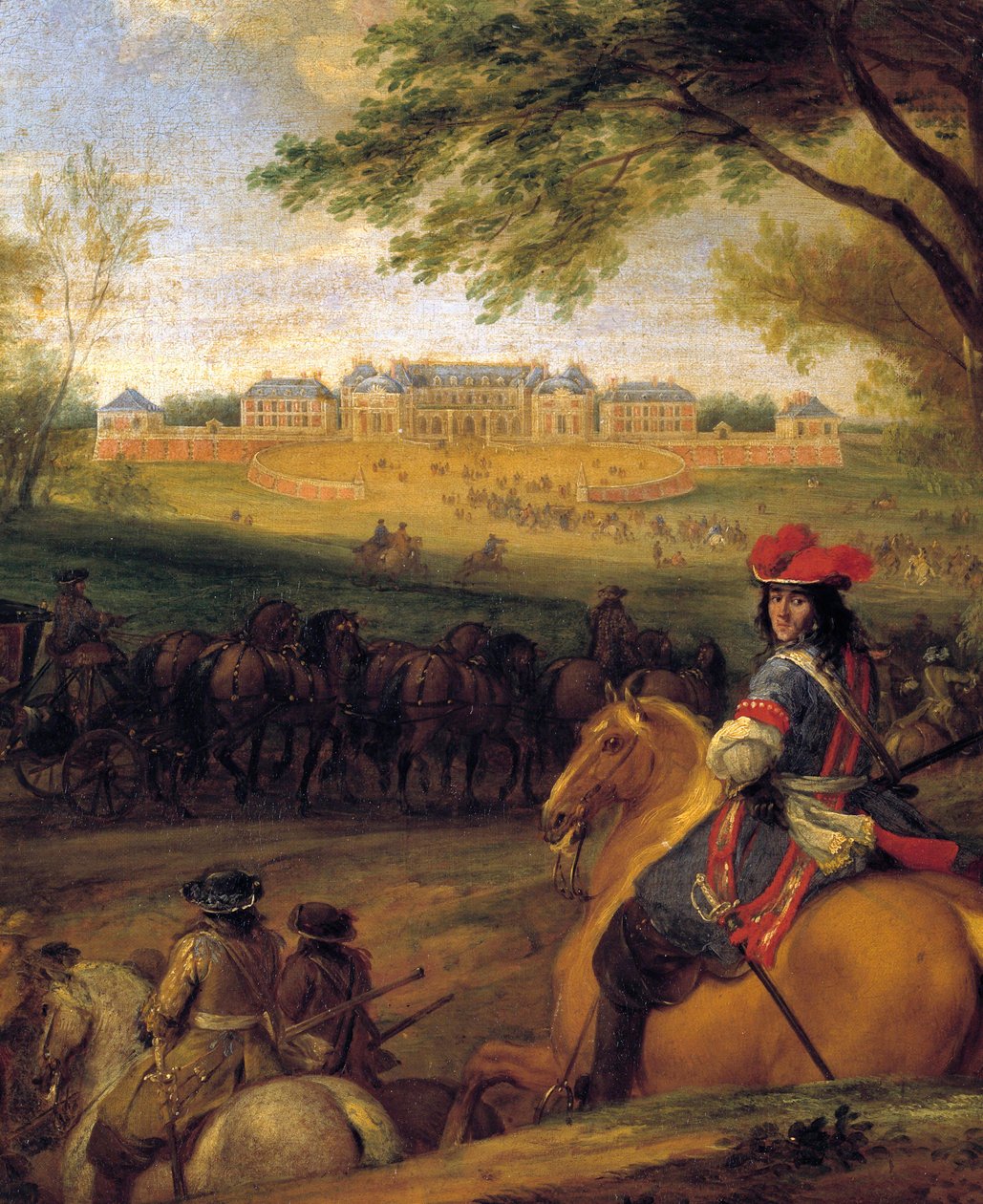 وصول الملك لويس الرابع عشر (1638-1715) يسبق الحراس الشخصيين بالنظر إلى قلعة فرساي القديمة في عام 1669 اللوحة بواسطة آدم فرانز فان دير ميولين (1632-1690) حوالي 1669 صن. 0،56 × 0،56 م بواسطة Adam Frans van der Meulen