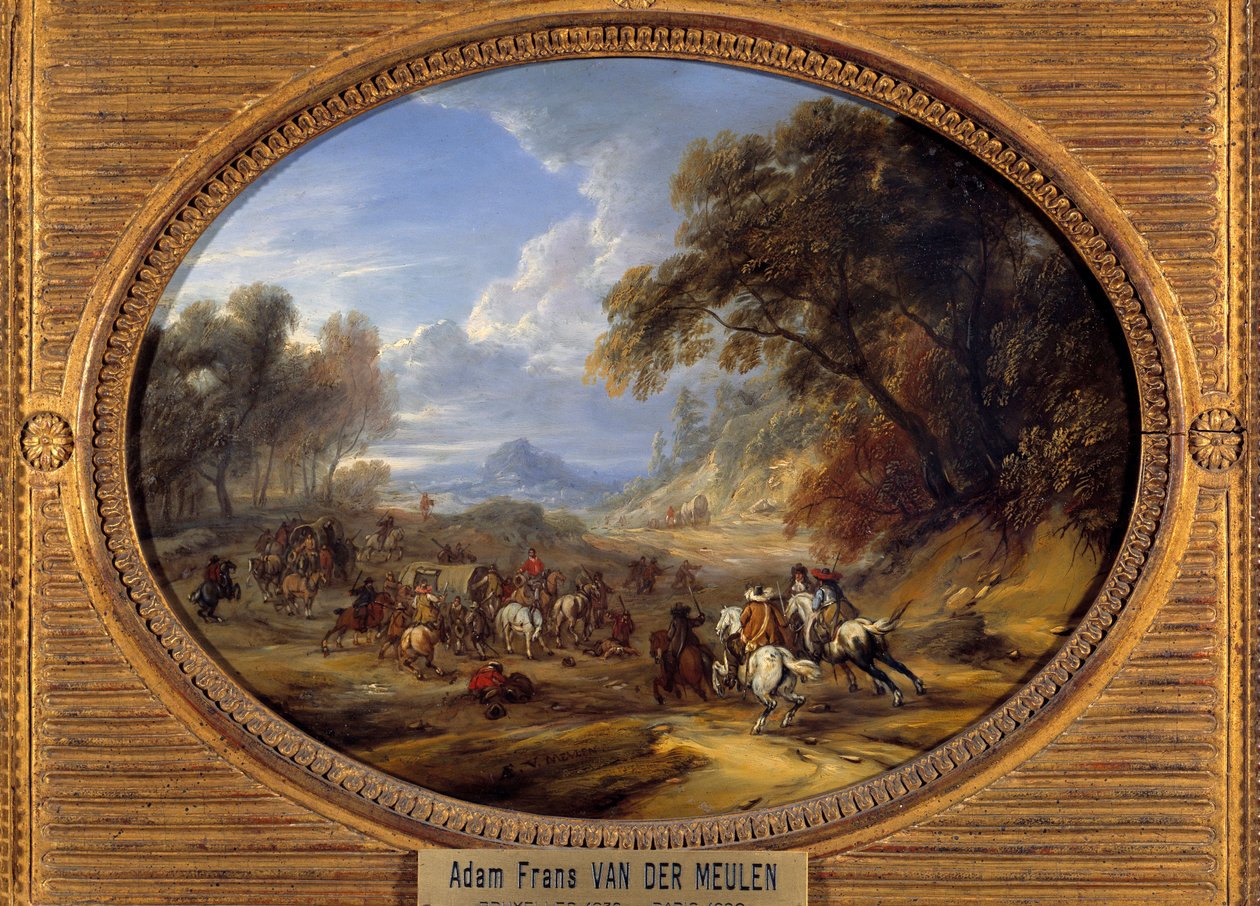 هجوم على قافلة من قبل اللصوص لوحة بواسطة آدم فان دير ميولين (1632-1690) (ec.flam.) الشمس 0،2x0،27 م بواسطة Adam Frans van der Meulen