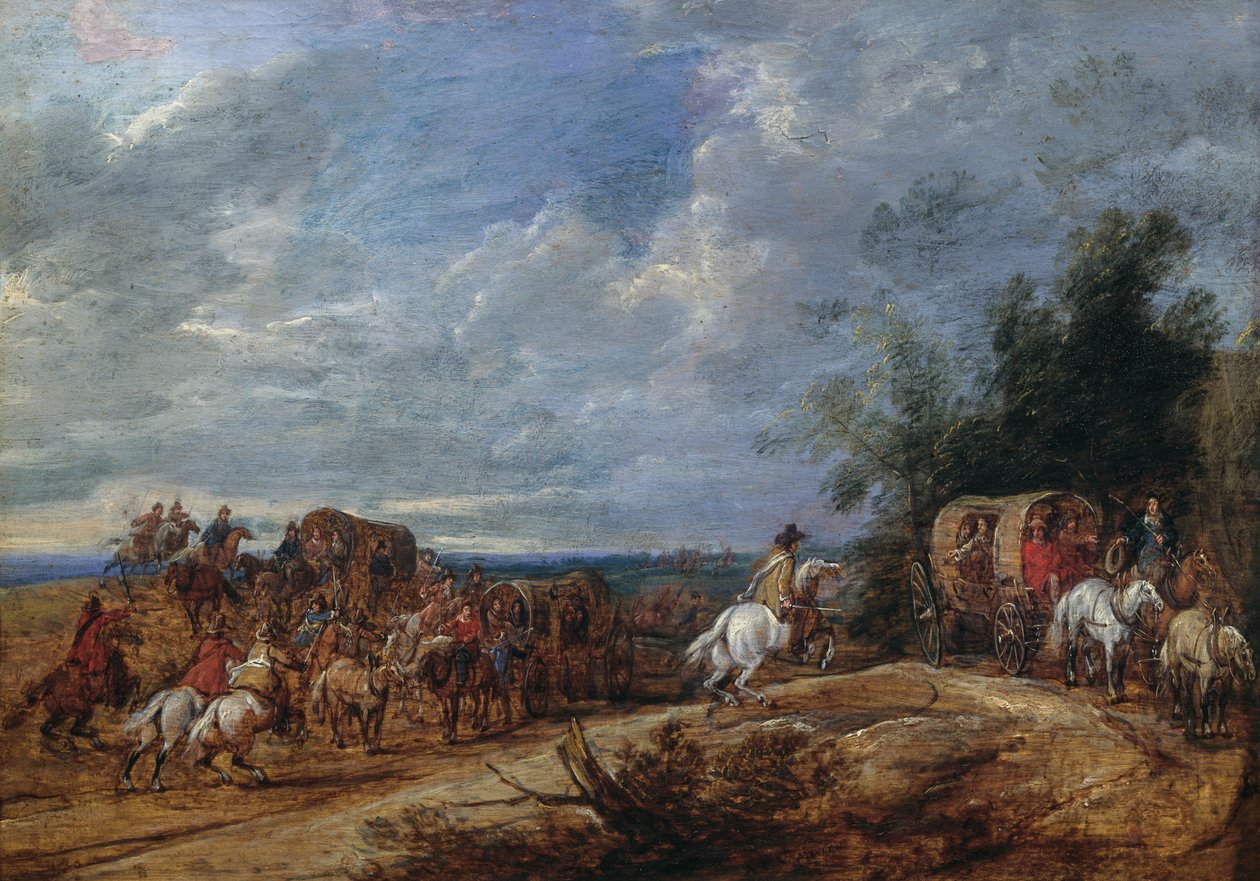 اللواءات يهاجمون قطار العربات التي رسمها آدم فرانس فان دير ميولين بواسطة Adam Frans van der Meulen