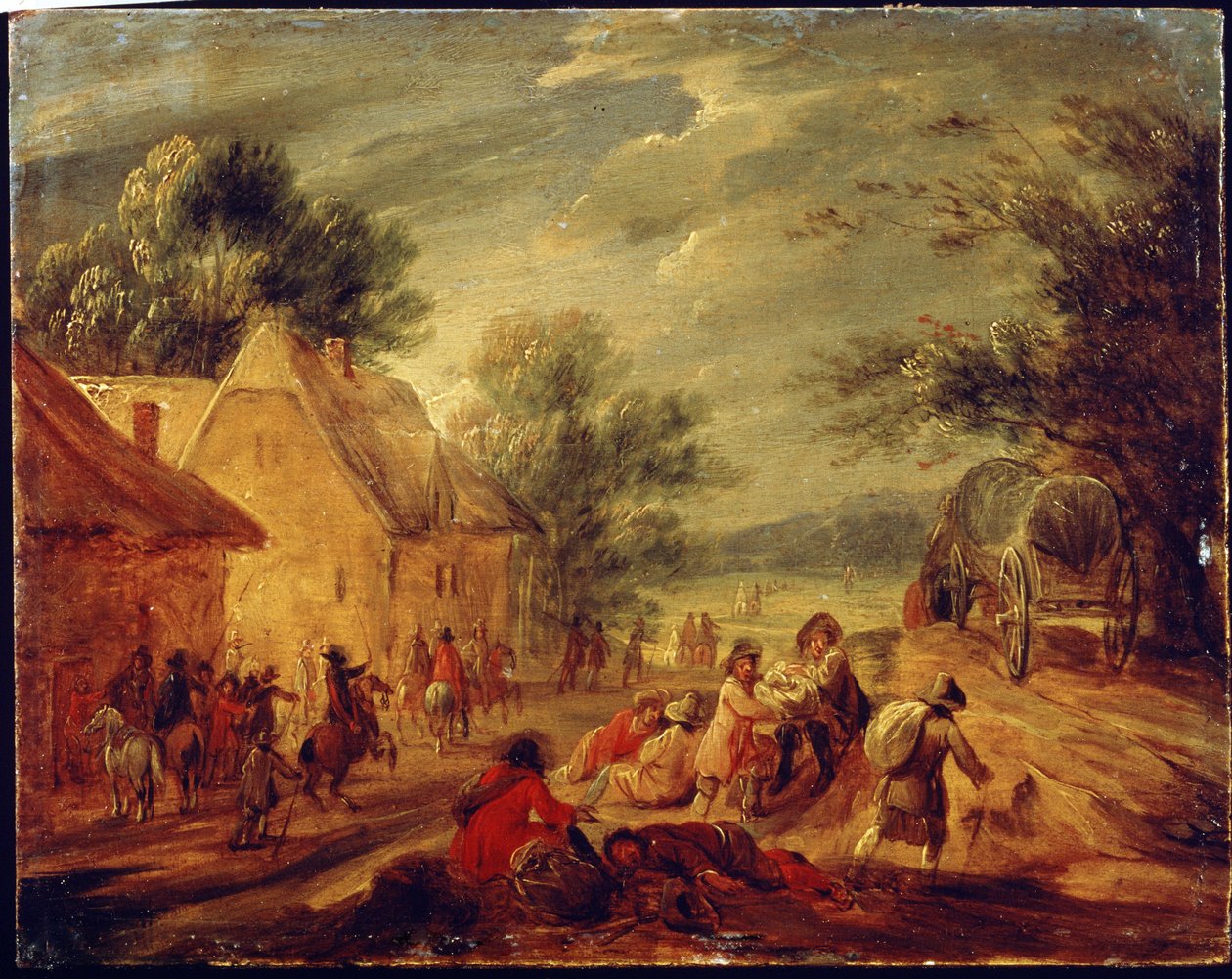 الفرسان يهاجمون قرية صغيرة. لوحة لآدم فرانس فان دير ميولين (1632-1690). زيت على خشب. الفن الفلمنكي ، على الطراز الباروكي. متحف بوشكين للفنون الجميلة ، موسكو. بواسطة Adam Frans van der Meulen