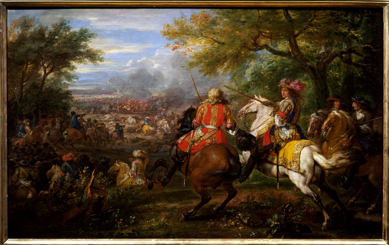 هزم الجيش الإسباني بالقرب من قناة بروج في 31 أغسطس 1667. ملك فرنسا لويس الرابع عشر ، على حصان أبيض ، محاط بجنرالاته: فرانسوا دي كريكي (1629-1687) والأمير لويس الثاني من بوربون كوندي (بوربون كوندي) ) تسمى Grand Conde (16 بواسطة Adam Frans van der Meulen