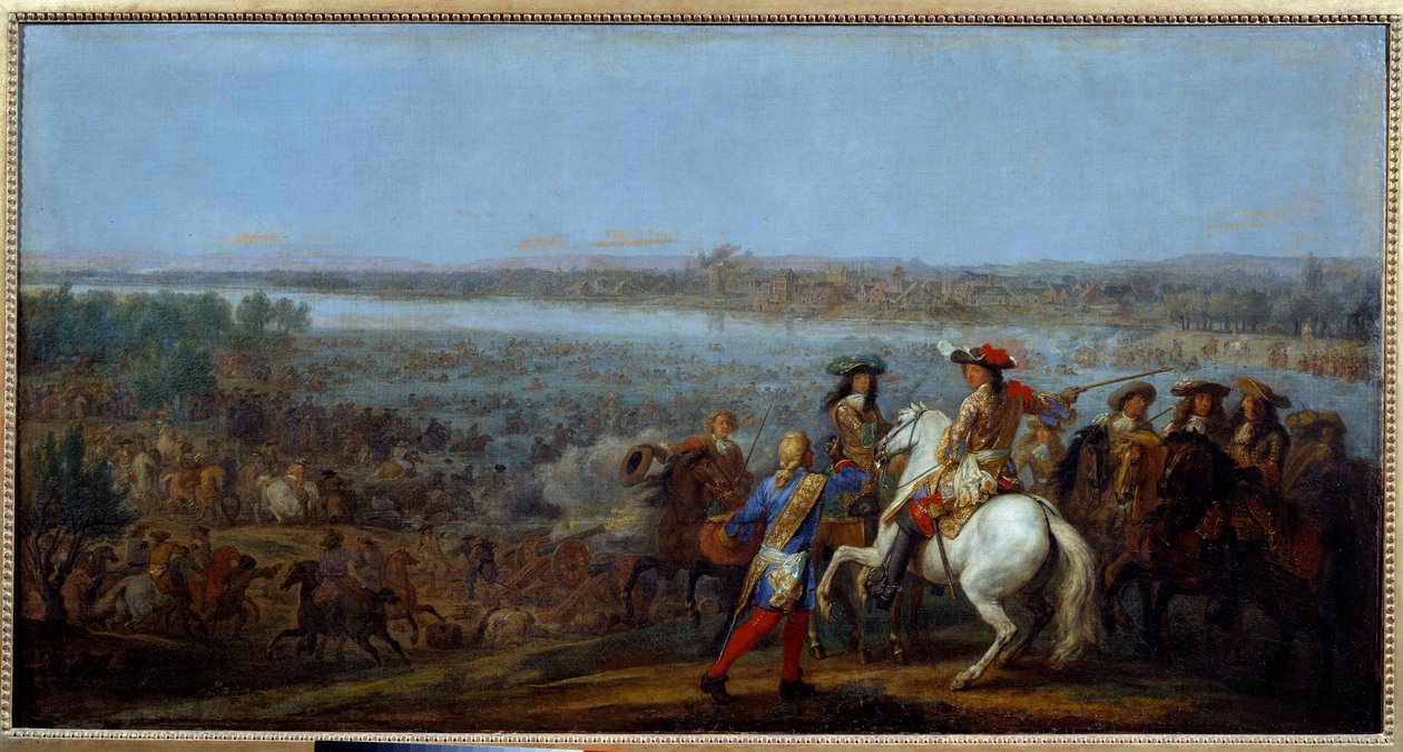 حرب هولندا: "" مرور نهر الراين في 12/06/1672 "" جيوش الملك لويس الرابع عشر (1638-1715) ولويس الثاني ملك بوربون ، أمير كوندي (بوربون كوندي) (غراند كوندي) (1621- 1686) عبور نهر الراين إلى Tolhuis. لوحة لآدم فرانس فان دير ميولين (1632-90)  بواسطة Adam Frans van der Meulen