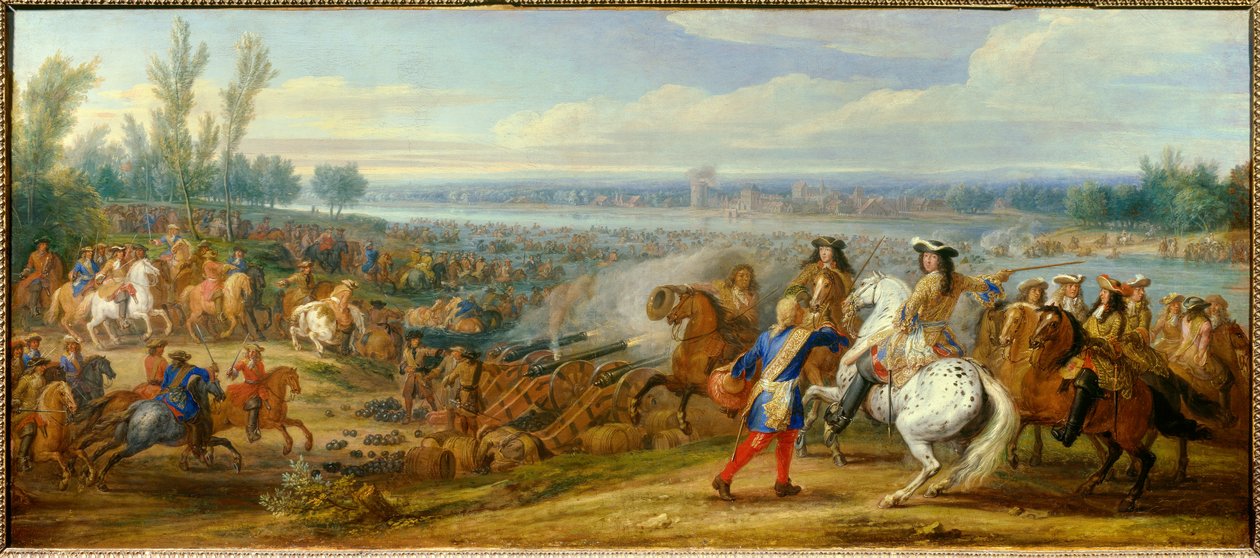 حرب هولندا: "" مرور نهر الراين في 12/06/1672 "" جيوش الملك لويس الرابع عشر (1638-1715) ولويس الثاني ملك بوربون ، أمير كوندي (بوربون كوندي) (غراند كوندي) (1621- 1686) عبور نهر الراين إلى Tolhuis. لوحة لآدم فرانس فان دير ميولين (1632-1690 بواسطة Adam Frans van der Meulen