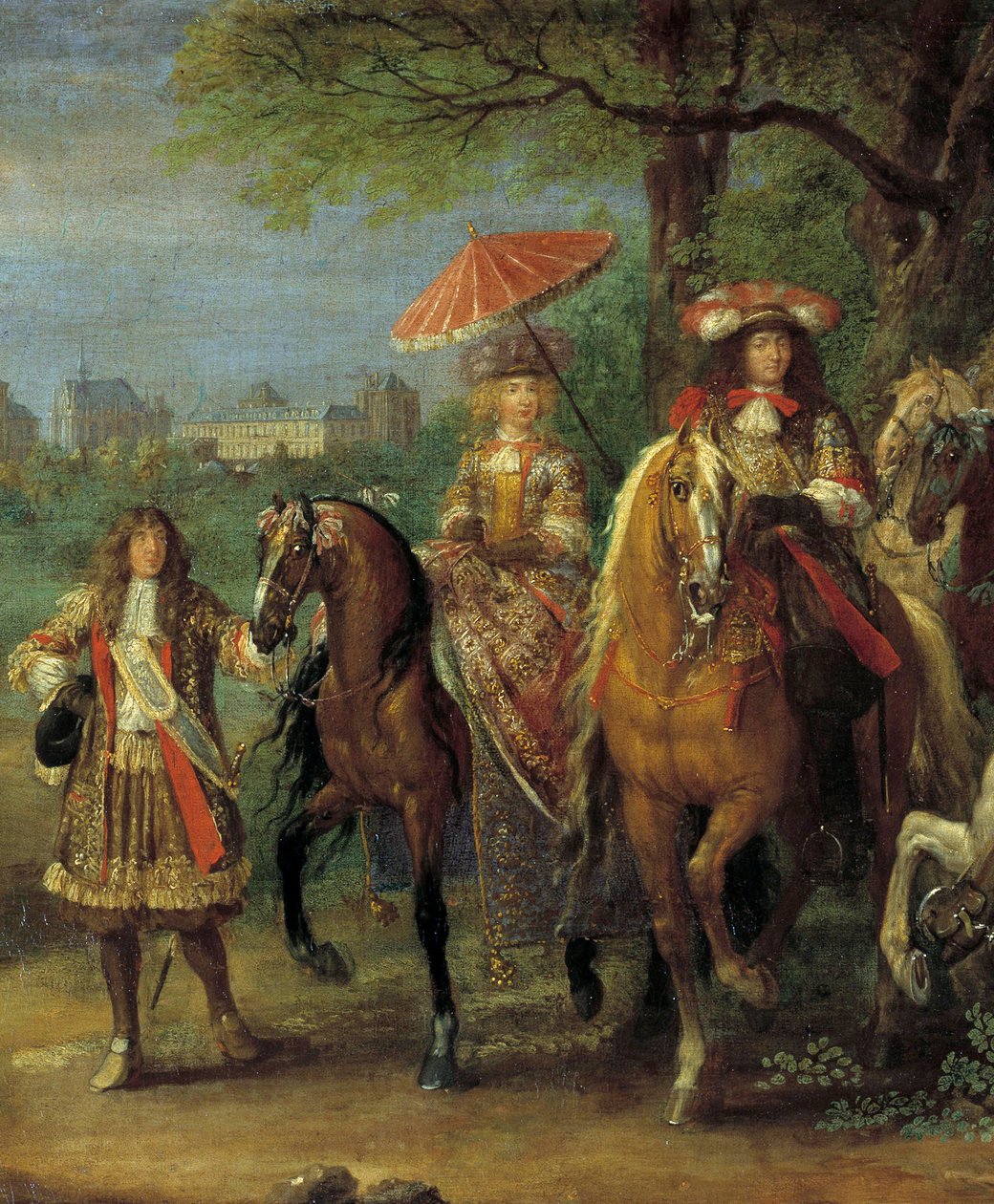 الملك لويس الرابع عشر (1638-1715) والملكة ماري تيريز من النمسا (1638-1683) يسيران أمام قلعة فينسينز في عام 1669 تفاصيل اللوحة التي رسمها آدم فرانس فان دير ميولين (1632-1690) بواسطة Adam Frans van der Meulen