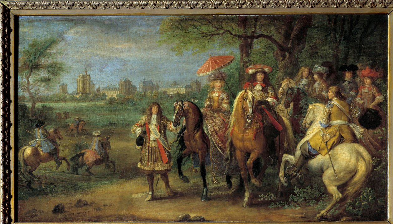 الملك لويس الرابع عشر (1638-1715) والملكة ماري تيريز من النمسا (1638-1683) يسيران أمام قلعة فينسينز عام 1669 رسم لآدم فرانس فان دير ميولين (1632-1690) بواسطة Adam Frans van der Meulen