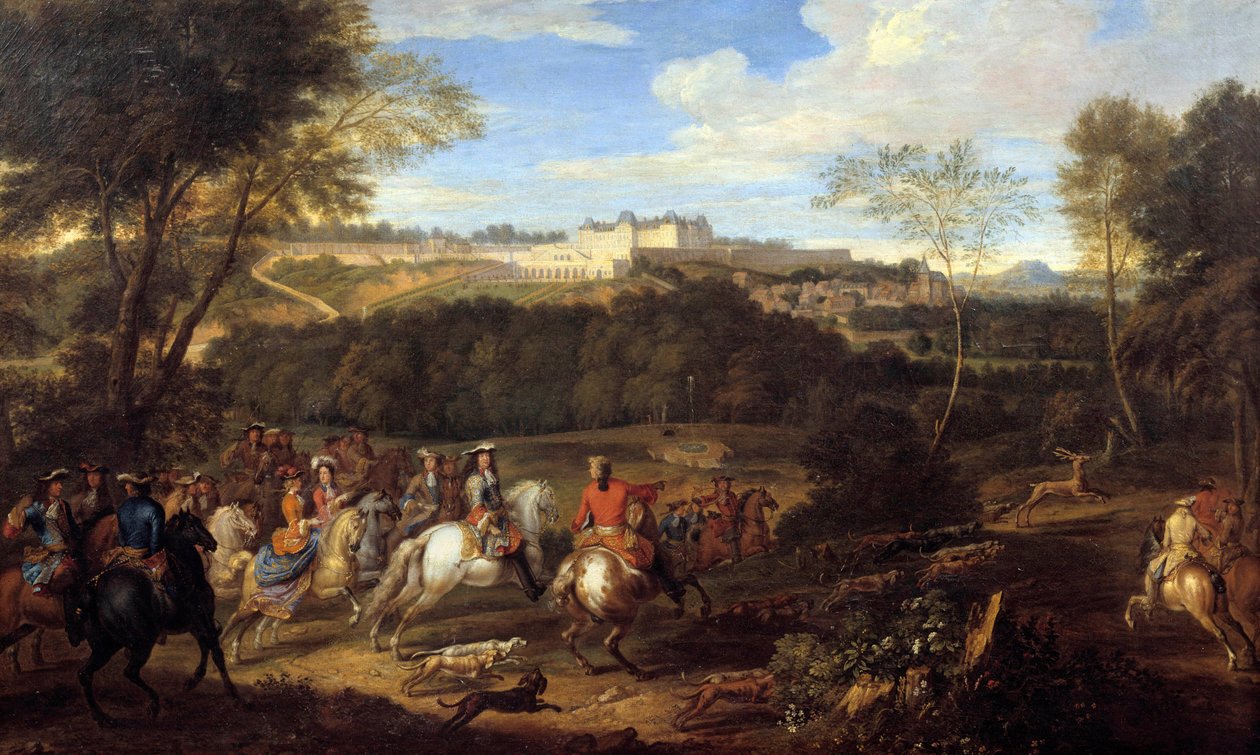 الملك لويس الرابع عشر (1638-1715) والبحث عن البلاط الملكي على مرمى البصر من قلعة ميودون لوحة من مدرسة آدم فرانس فان دير ميولين (1632-1690) القرن السابع عشر. 0،77 × 1،27 بواسطة Adam Frans van der Meulen