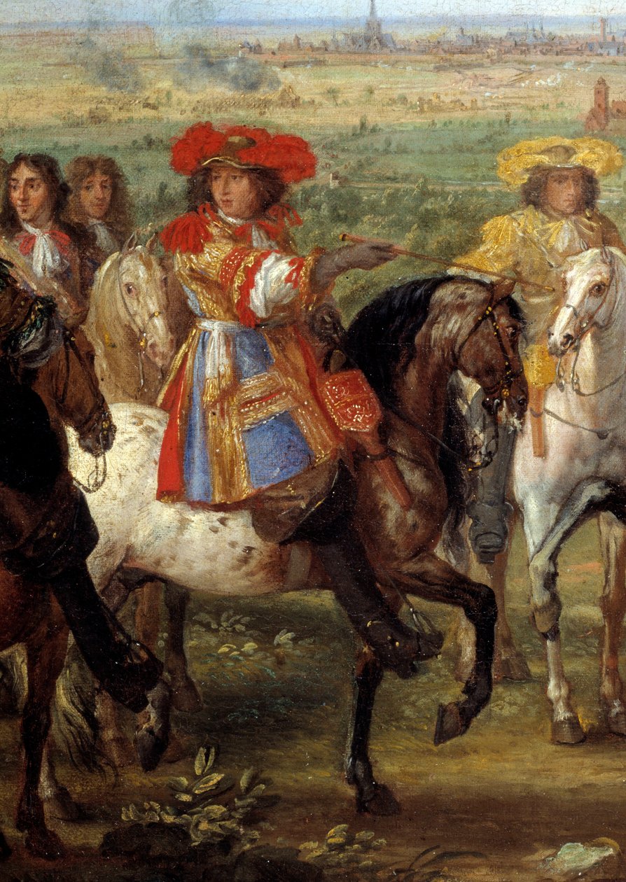 الملك لويس الرابع عشر قبل أسبقية الخمسات في مقر ليل في أغسطس 1667. التفاصيل تمثل الملك. لوحة لآدم فان دير ميولين (1632-1690) (ec.flam.) 1667 صن. 0،52 × 0،8 م بواسطة Adam Frans van der Meulen