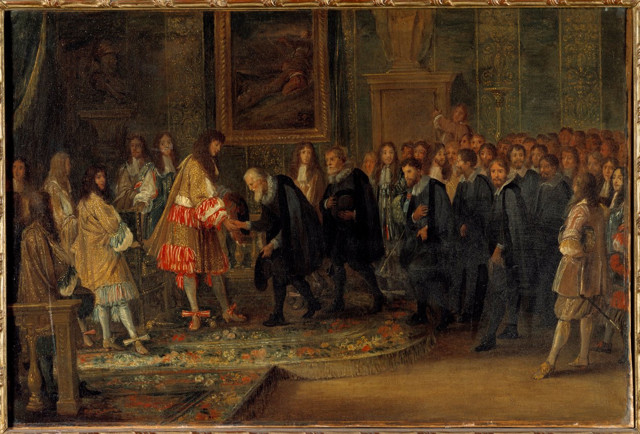 الملك لويس الرابع عشر يستقبل السفراء السويسريين في متحف اللوفر 11/11/1663 رسم لآدم فان دير ميولين (1632-1690) 1664 صن. 0،44 × 0،66 م بواسطة Adam Frans van der Meulen