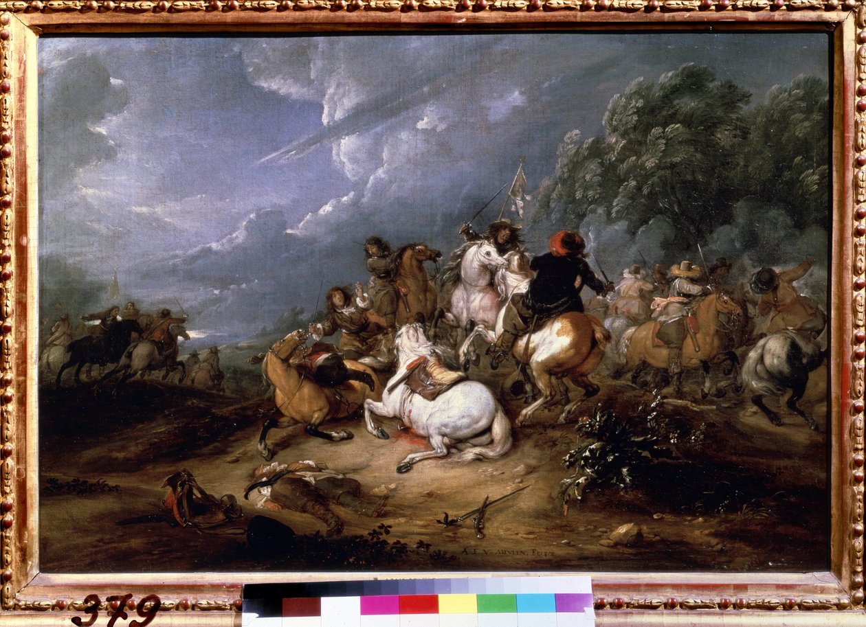 "المناوشة" (مناوشة الفرسان) لوحة لآدم فرانس فان دير ميولين (1632-1690) 1660 متحف بوشكين ، موسكو بواسطة Adam Frans van der Meulen