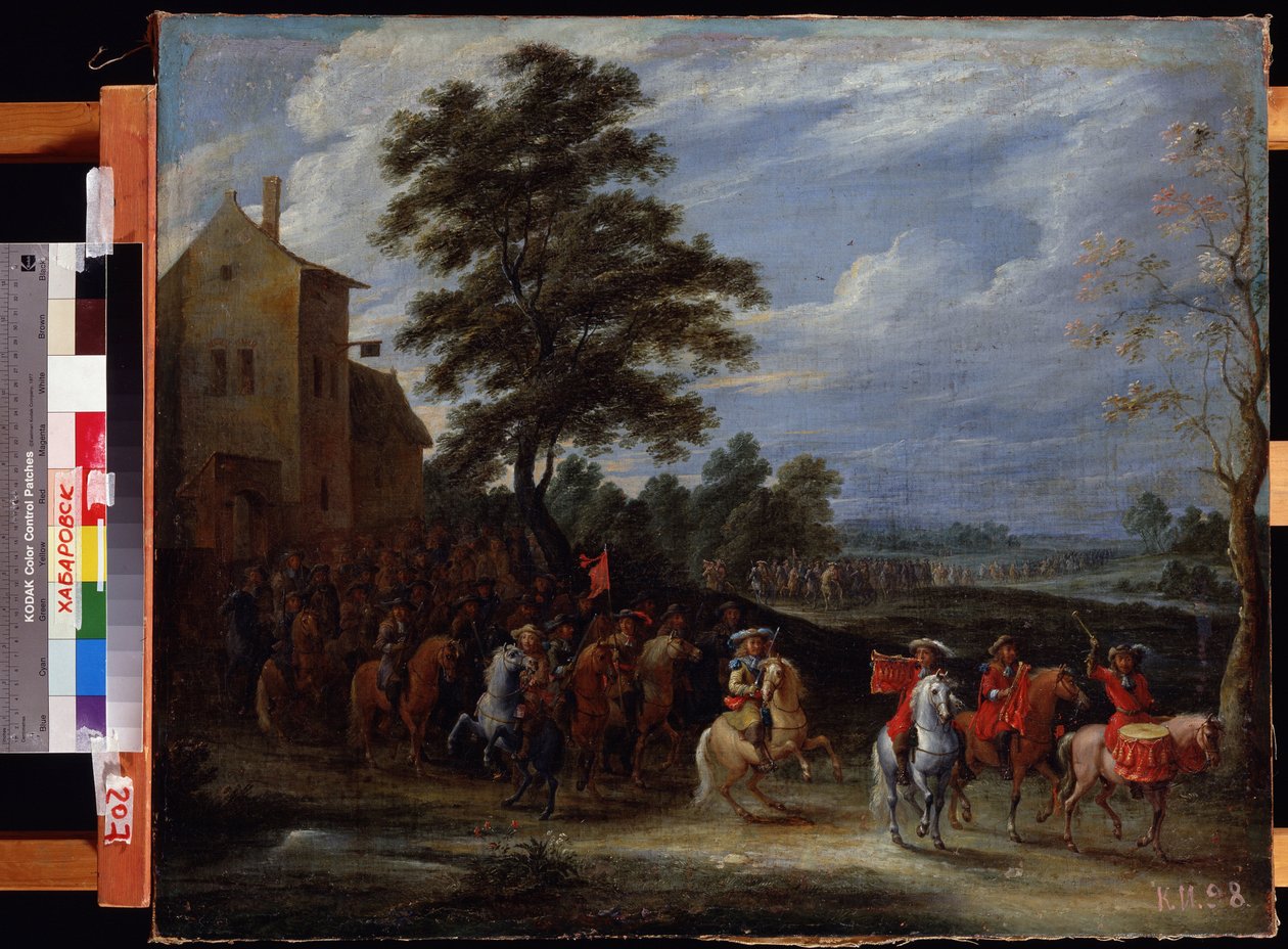 يمر فوج الفرسان فوق منطقة (يأخذ فوج الفرسان الميدان). لوحة لآدم فرانس فان دير ميولين (1632-1690). زيت على قماش ، 65 × 78.5 سم ، فن فلمنكي ، فن باروكي. متحف الشرق الأقصى ، خاباروفسك. © FineArtImage / Leemage بواسطة Adam Frans van der Meulen