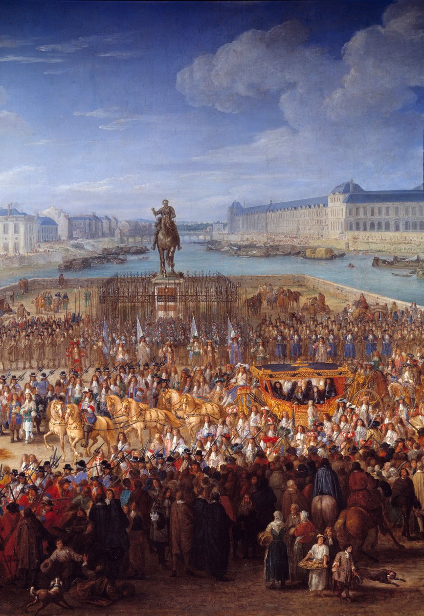 النقل الملكي. التفاصيل المركزية للويس الرابع عشر (1638-1715) لعبور بونت نوف في عربته. لوحة لآدم فرانسوا فان دير ميولين (1632-1690) بواسطة Adam Frans van der Meulen